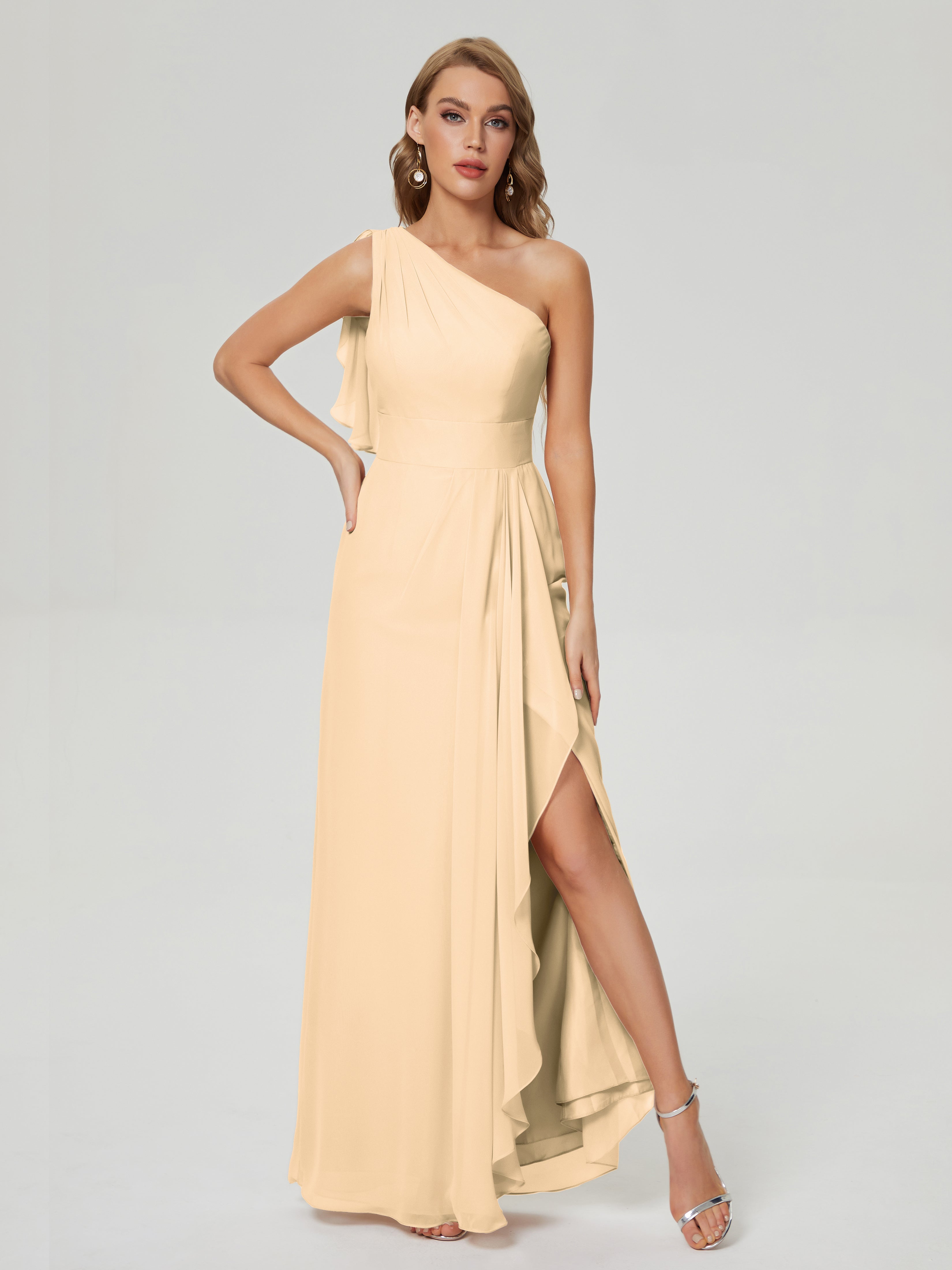 Robe Demoiselle D Honneur Pêche Fendue Seule-Épaule Mousseline Robes Demoiselle D'Honneur À Volants