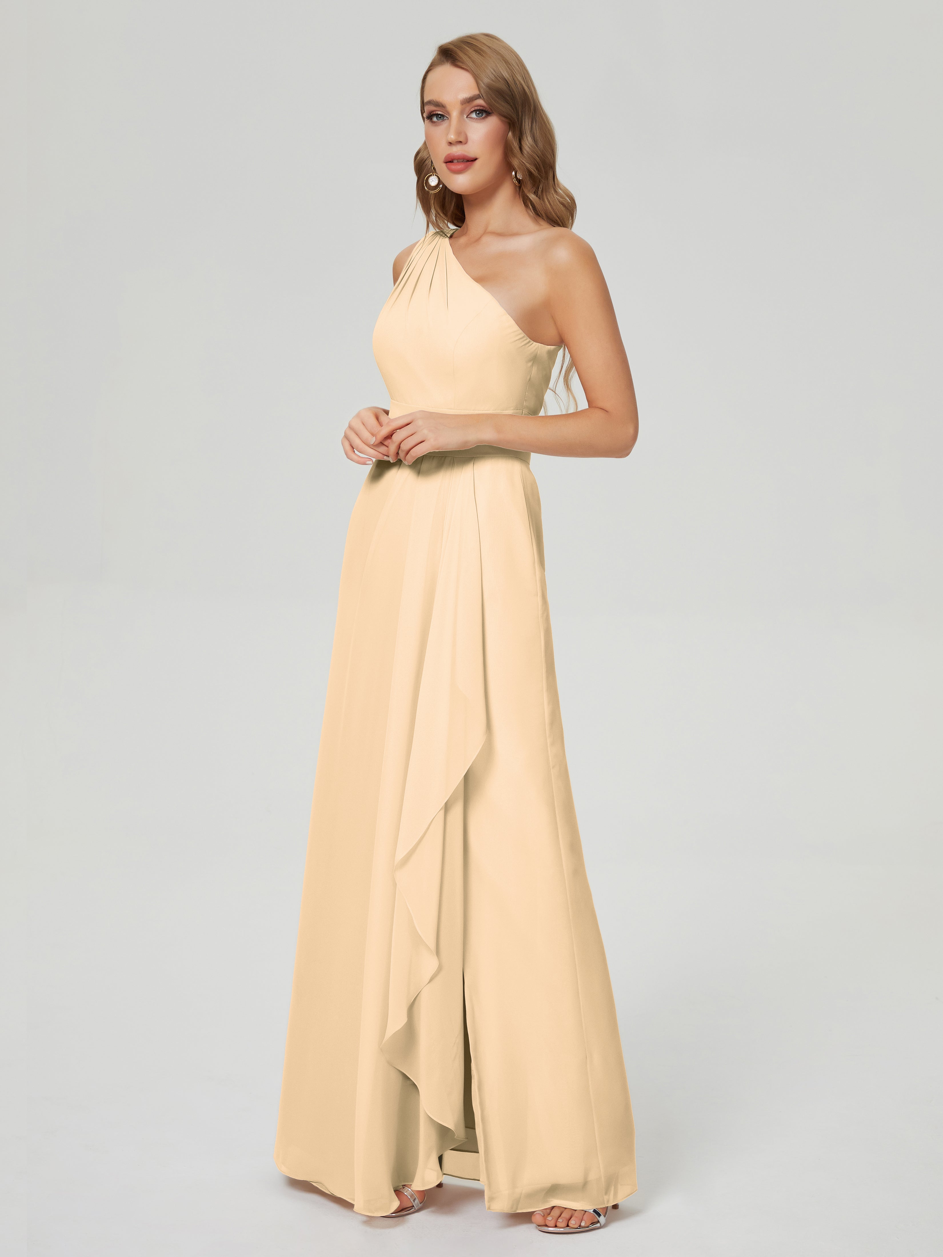 Robe Demoiselle D Honneur Pêche Fendue Seule-Épaule Mousseline Robes Demoiselle D'Honneur À Volants