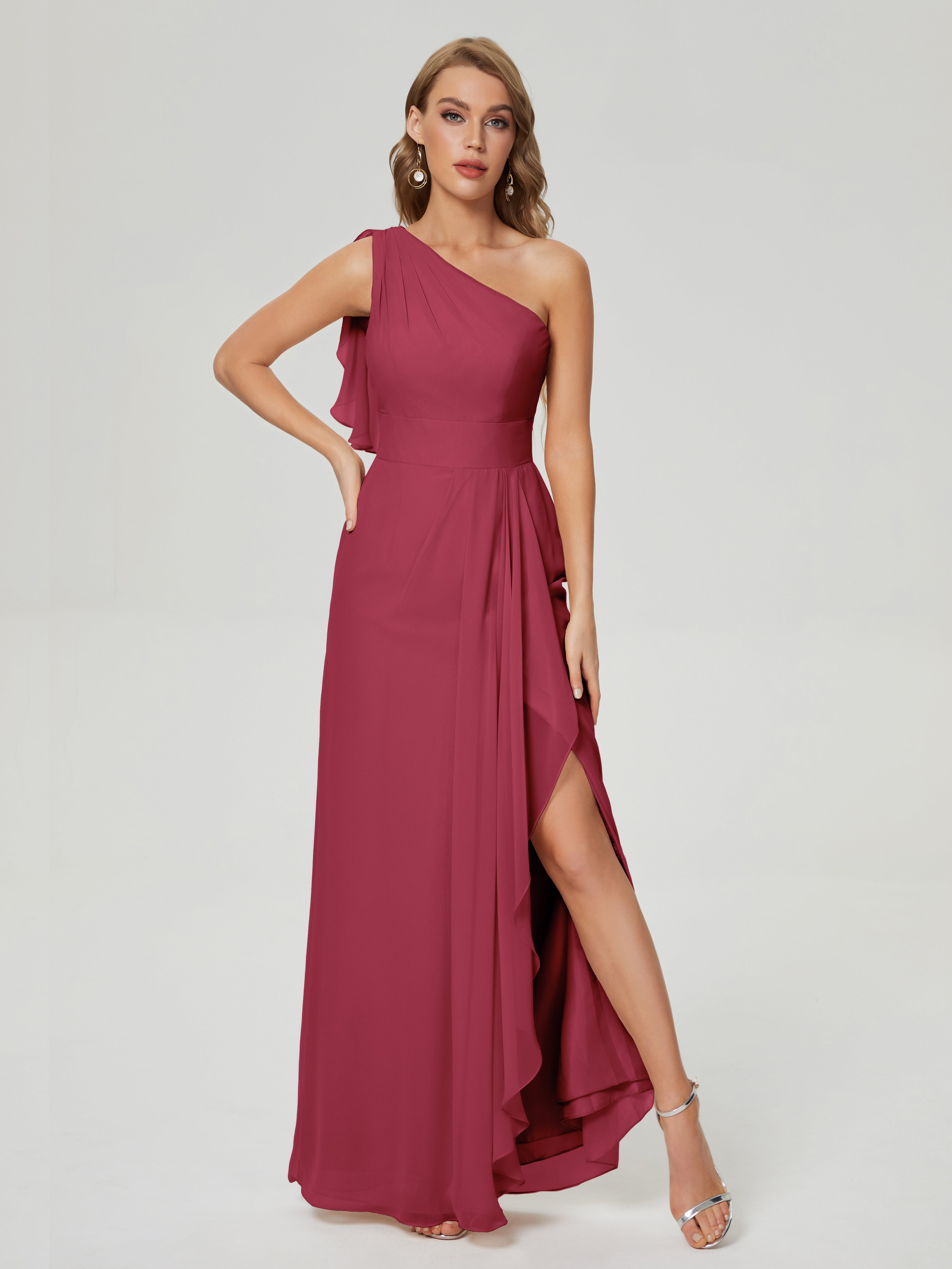 Couleur Rose Cannelle Fendue Seule-Épaule Mousseline Robes Demoiselle D'Honneur À Volants