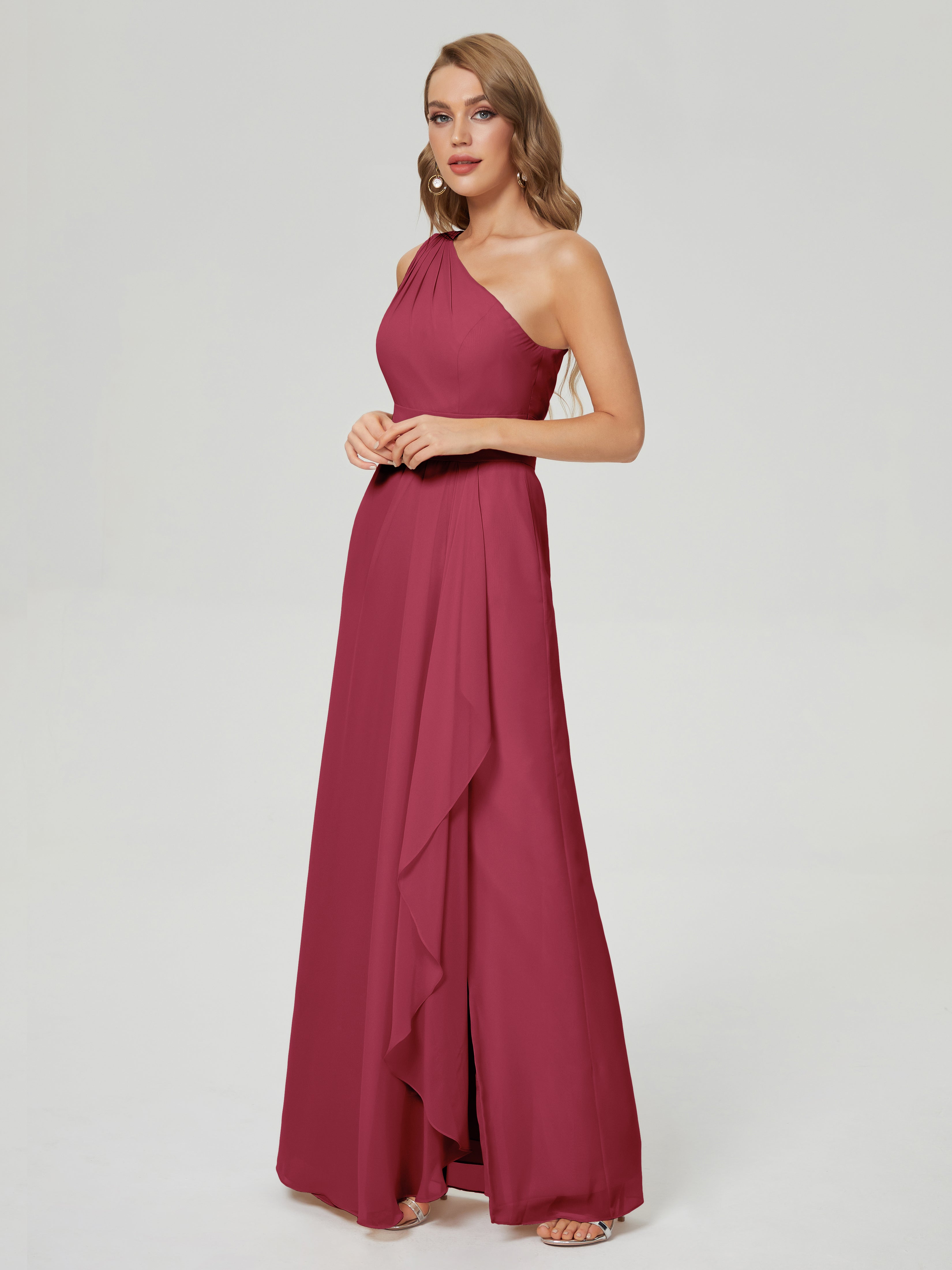 Couleur Rose Cannelle Fendue Seule-Épaule Mousseline Robes Demoiselle D'Honneur À Volants