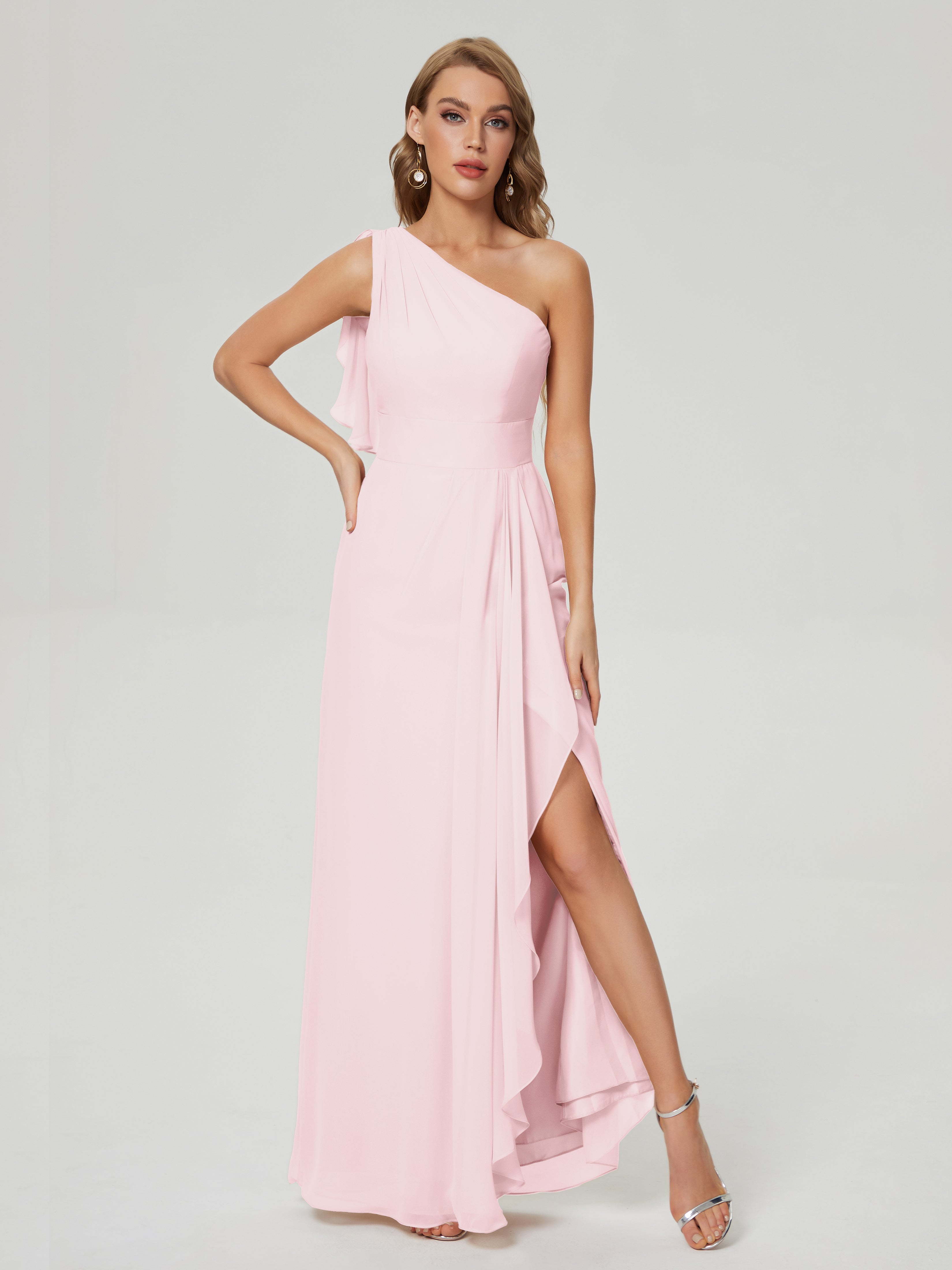 Robe Rose Pale Demoiselle D Honneur Fendue Seule-Épaule Mousseline Robes Demoiselle D'Honneur À Volants