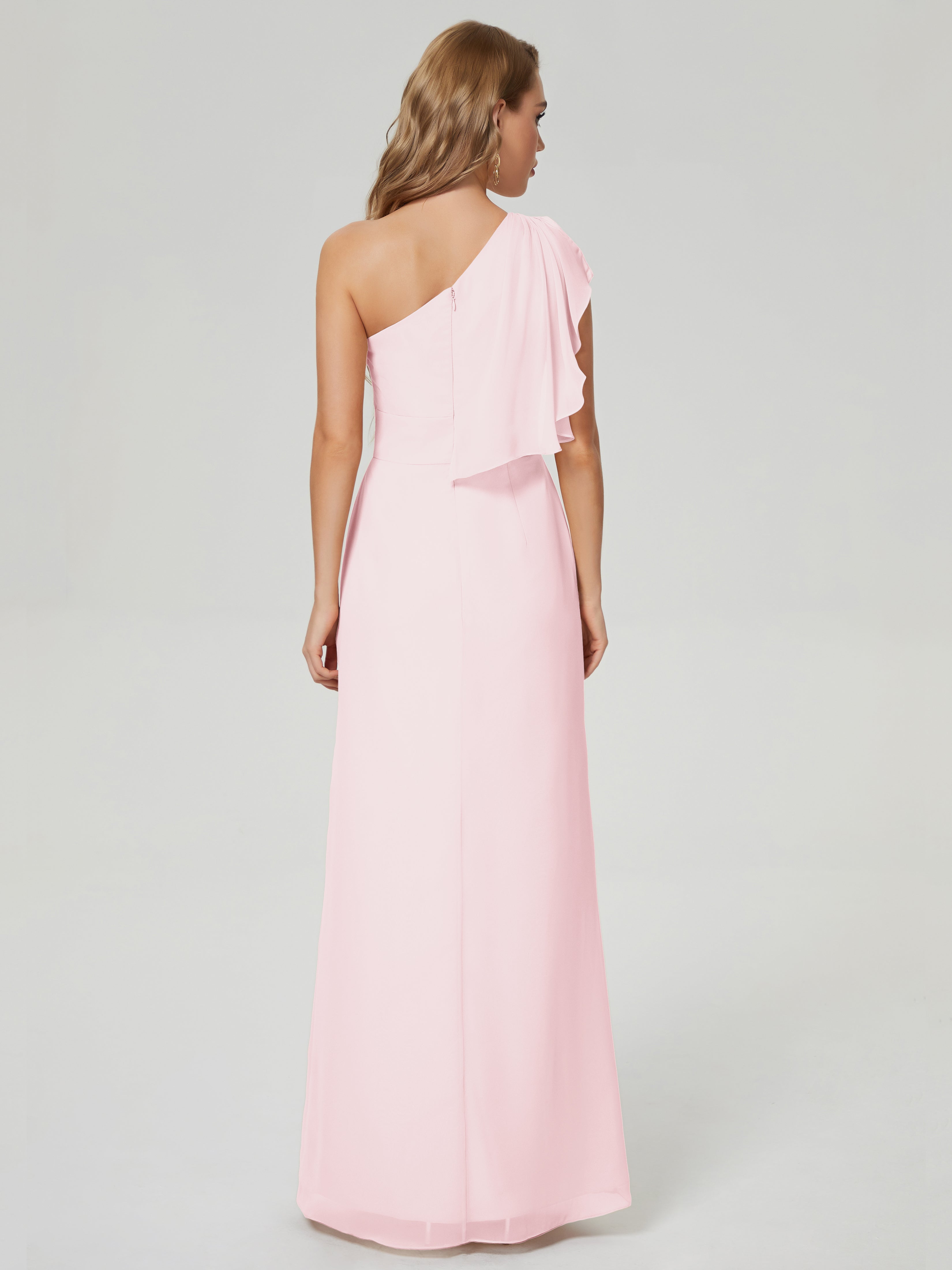 Robe Rose Pale Demoiselle D Honneur Fendue Seule-Épaule Mousseline Robes Demoiselle D'Honneur À Volants