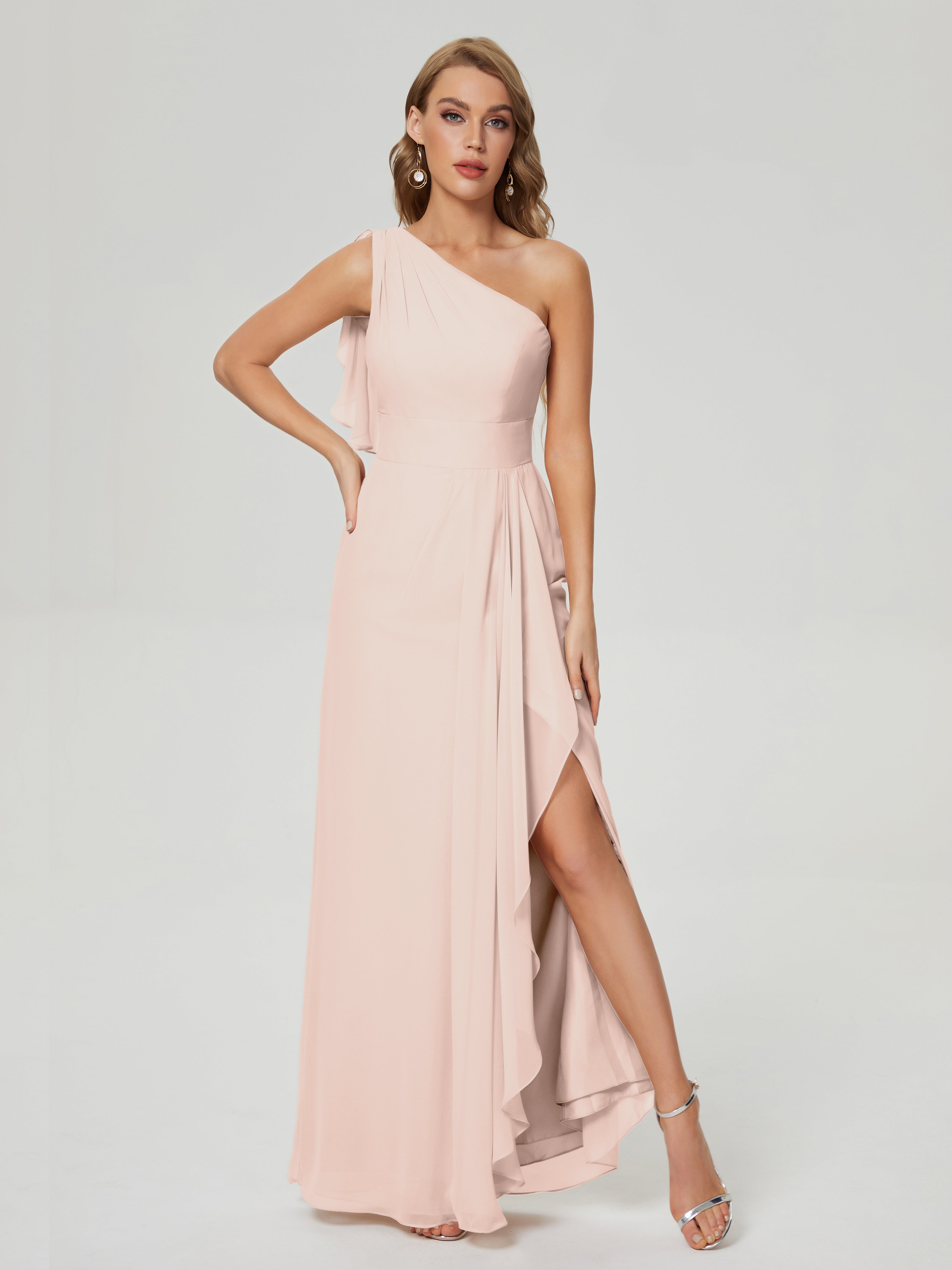 Robe Demoiselle D Honneur Rose Perle Fendue Seule-Épaule Mousseline Robes Demoiselle D'Honneur À Volants