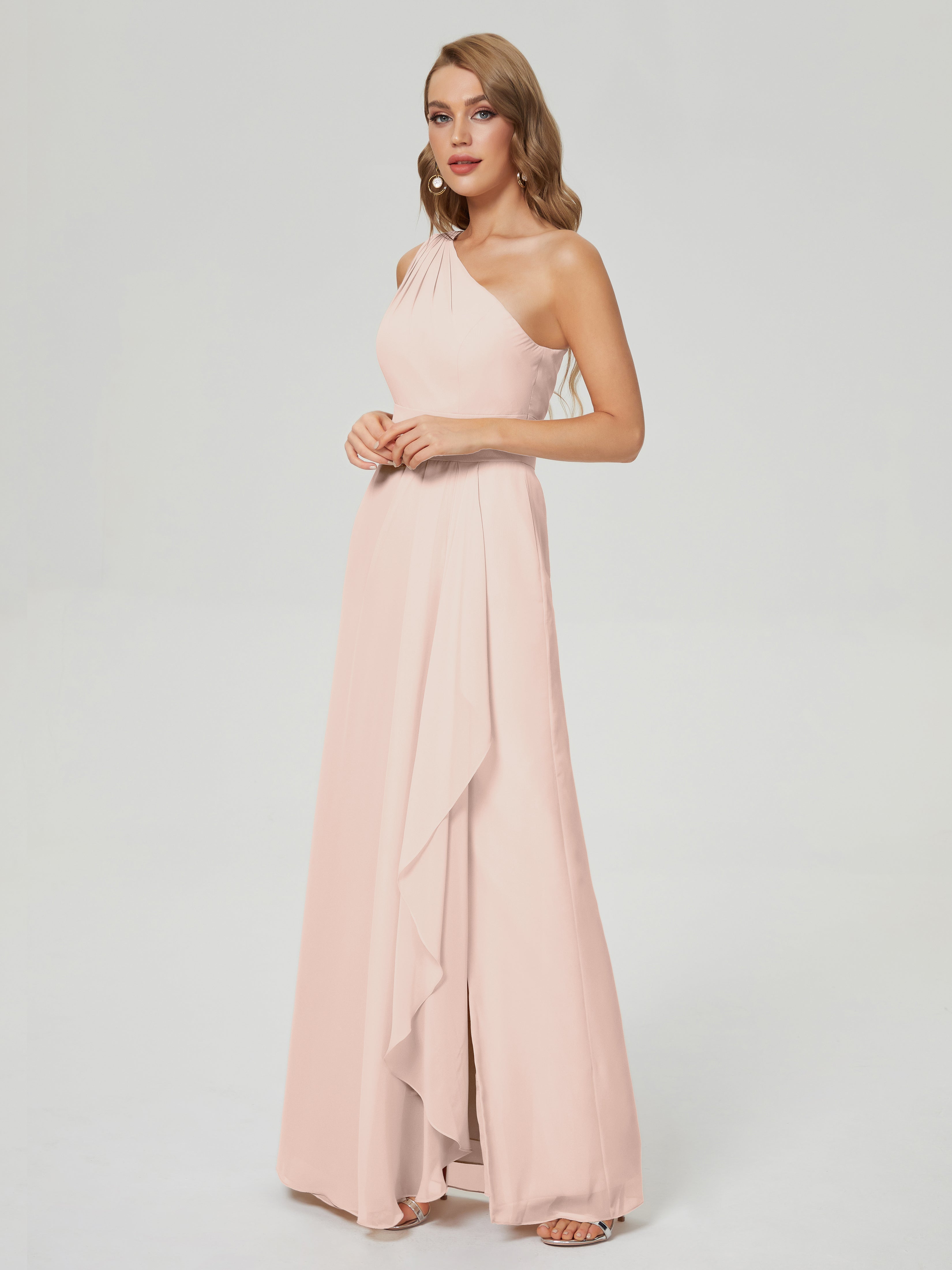 Robe Demoiselle D Honneur Rose Perle Fendue Seule-Épaule Mousseline Robes Demoiselle D'Honneur À Volants