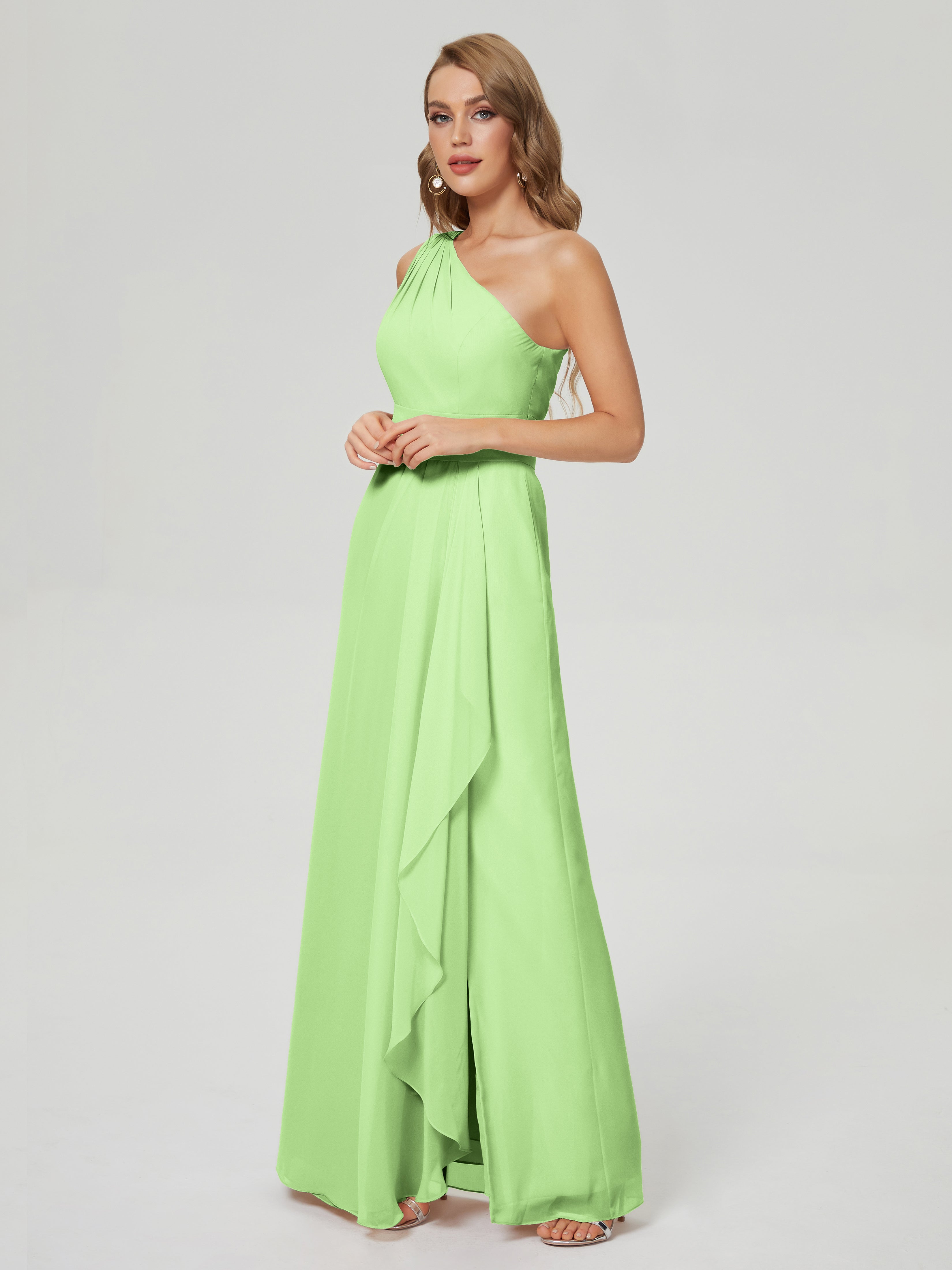 Robes De Demoiselle D'Honneur Vert Sauge Fendue Seule-Épaule Mousseline Robes Demoiselle D'Honneur À Volants