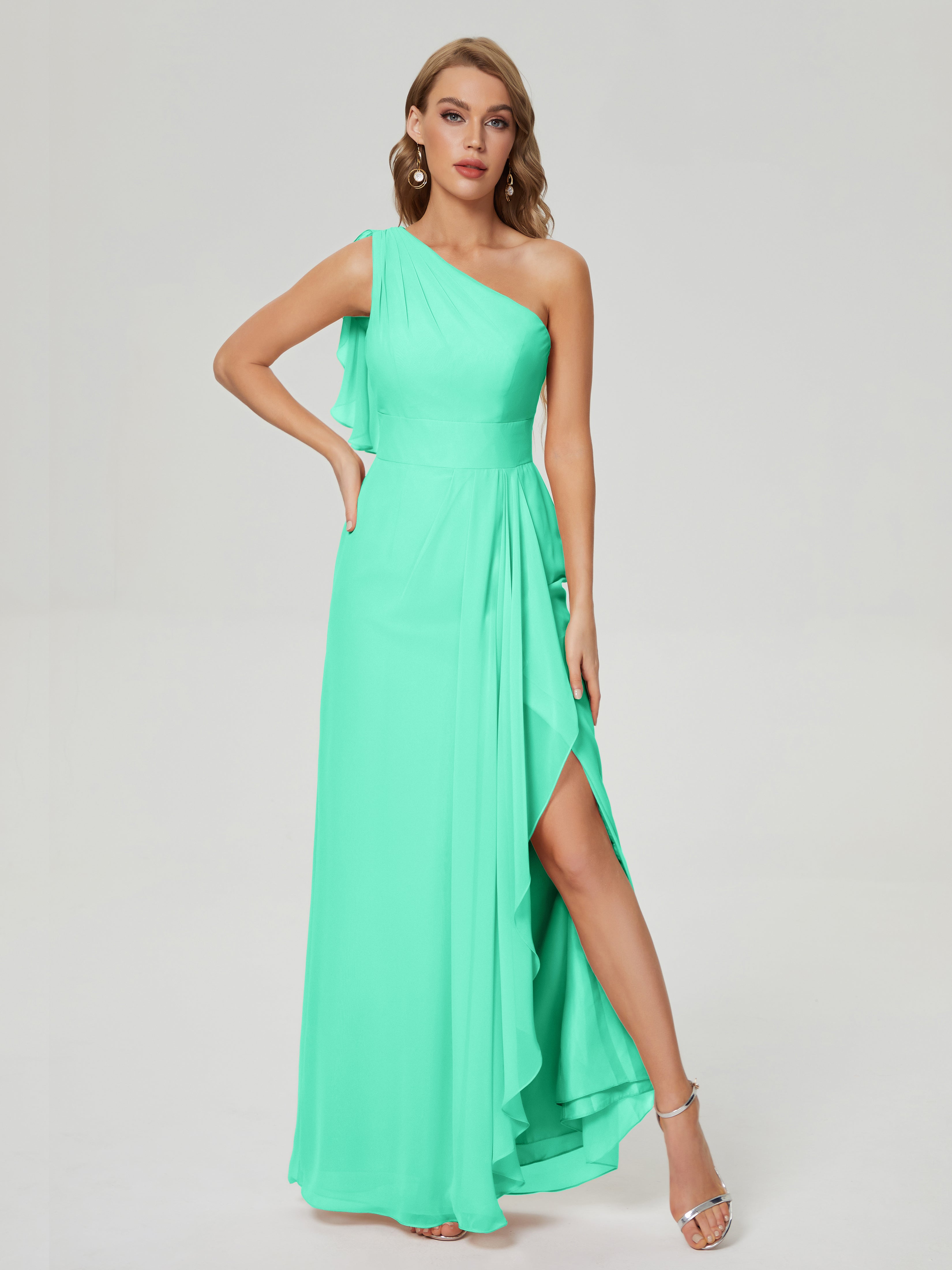 Robe Turquoise Demoiselle D Honneur Fendue Seule-Épaule Mousseline Robes Demoiselle D'Honneur À Volants