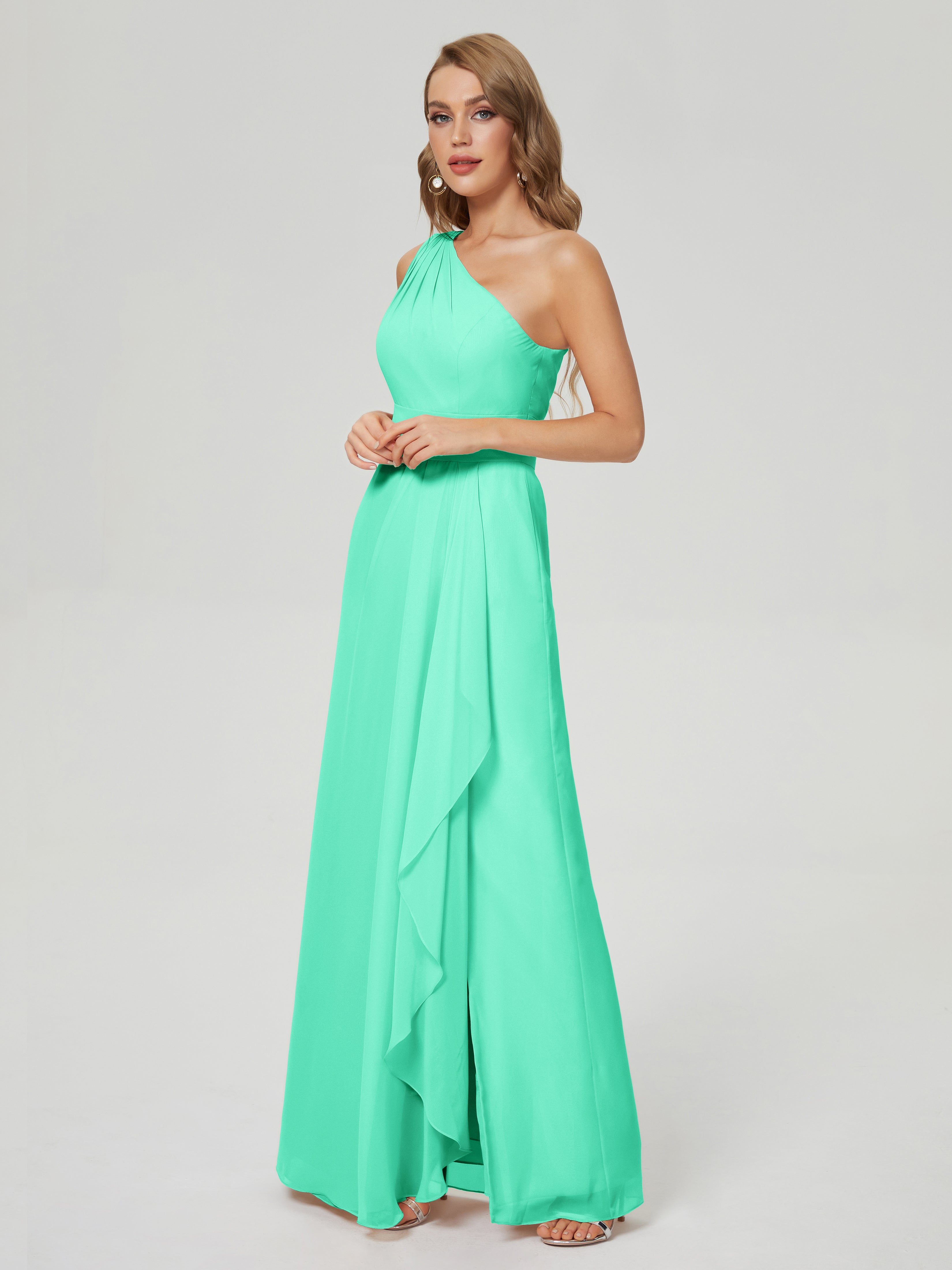 Robe Turquoise Demoiselle D Honneur Fendue Seule-Épaule Mousseline Robes Demoiselle D'Honneur À Volants