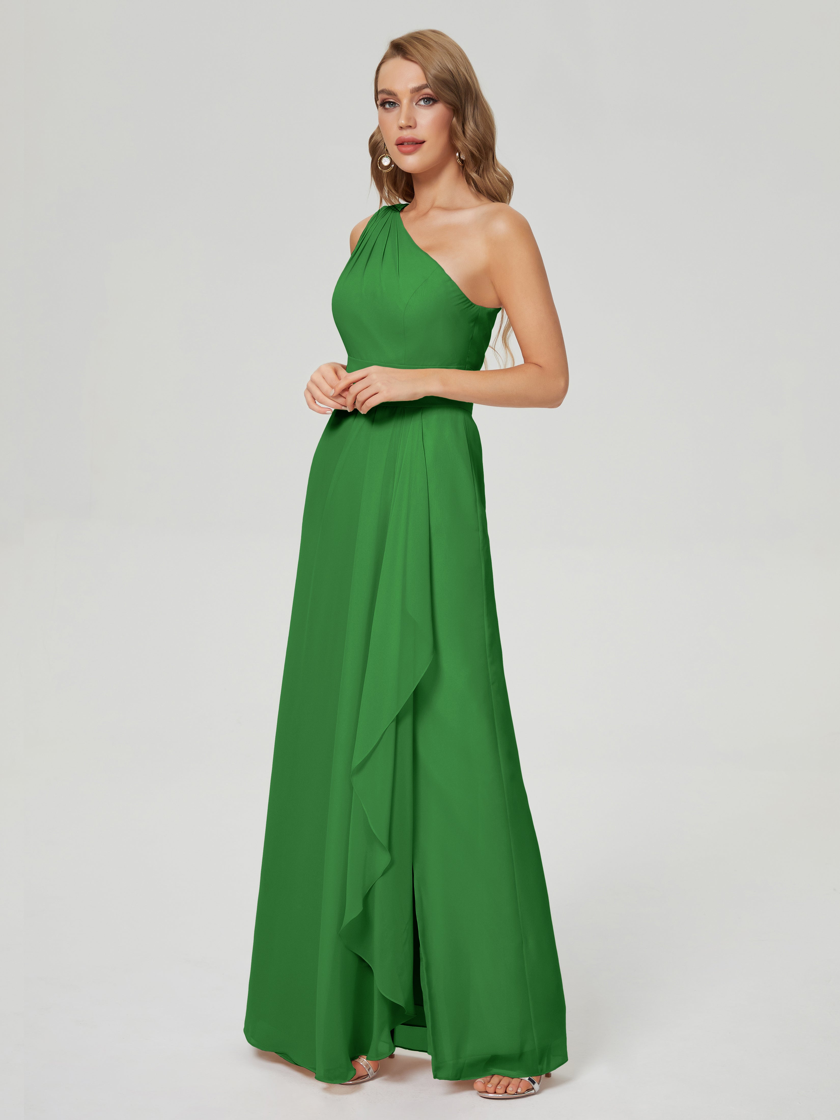 Robes De Demoiselle D'Honneur Vertes Fendue Seule-Épaule Mousseline Robes Demoiselle D'Honneur À Volants
