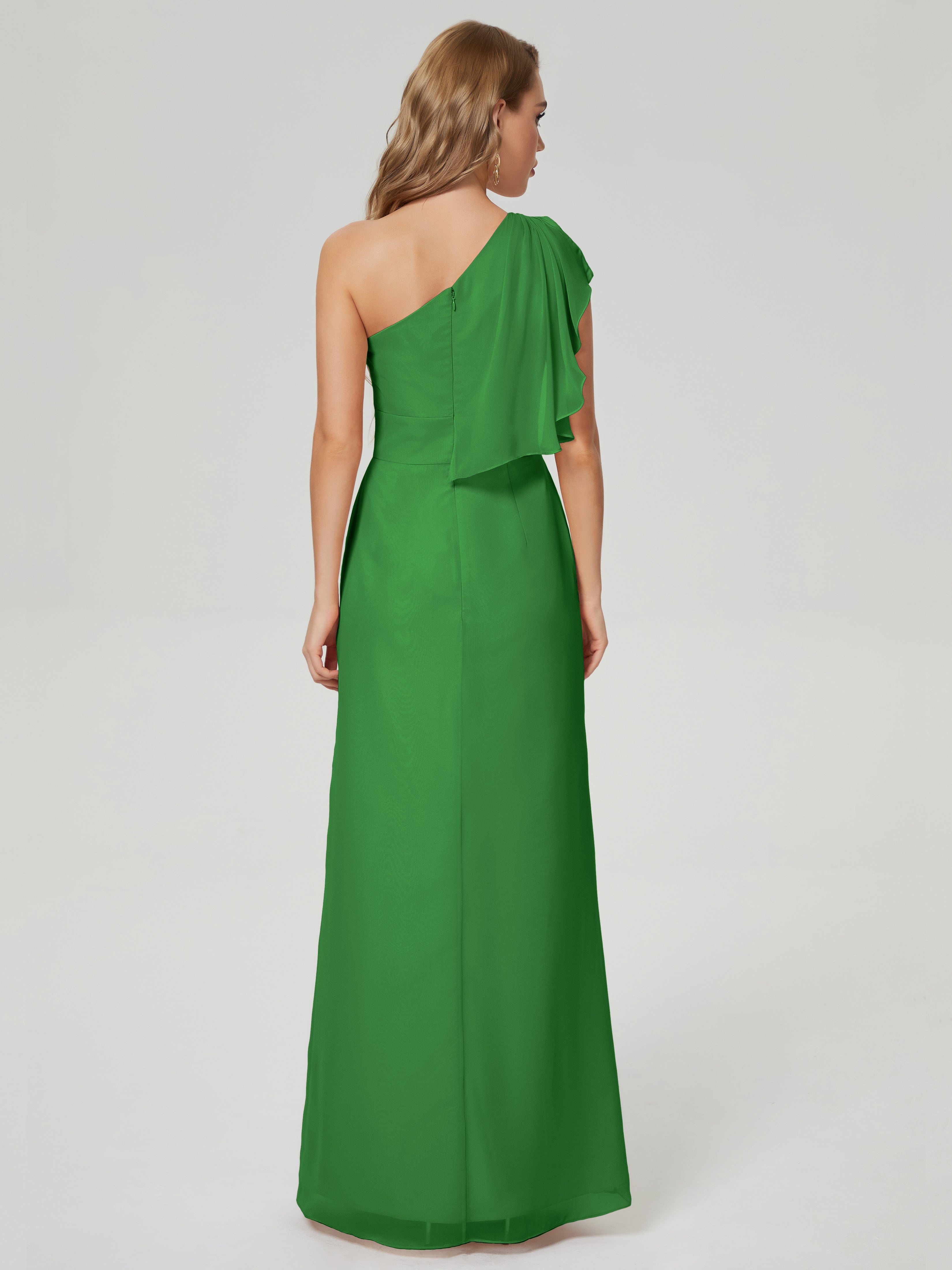 Robes De Demoiselle D'Honneur Vertes Fendue Seule-Épaule Mousseline Robes Demoiselle D'Honneur À Volants