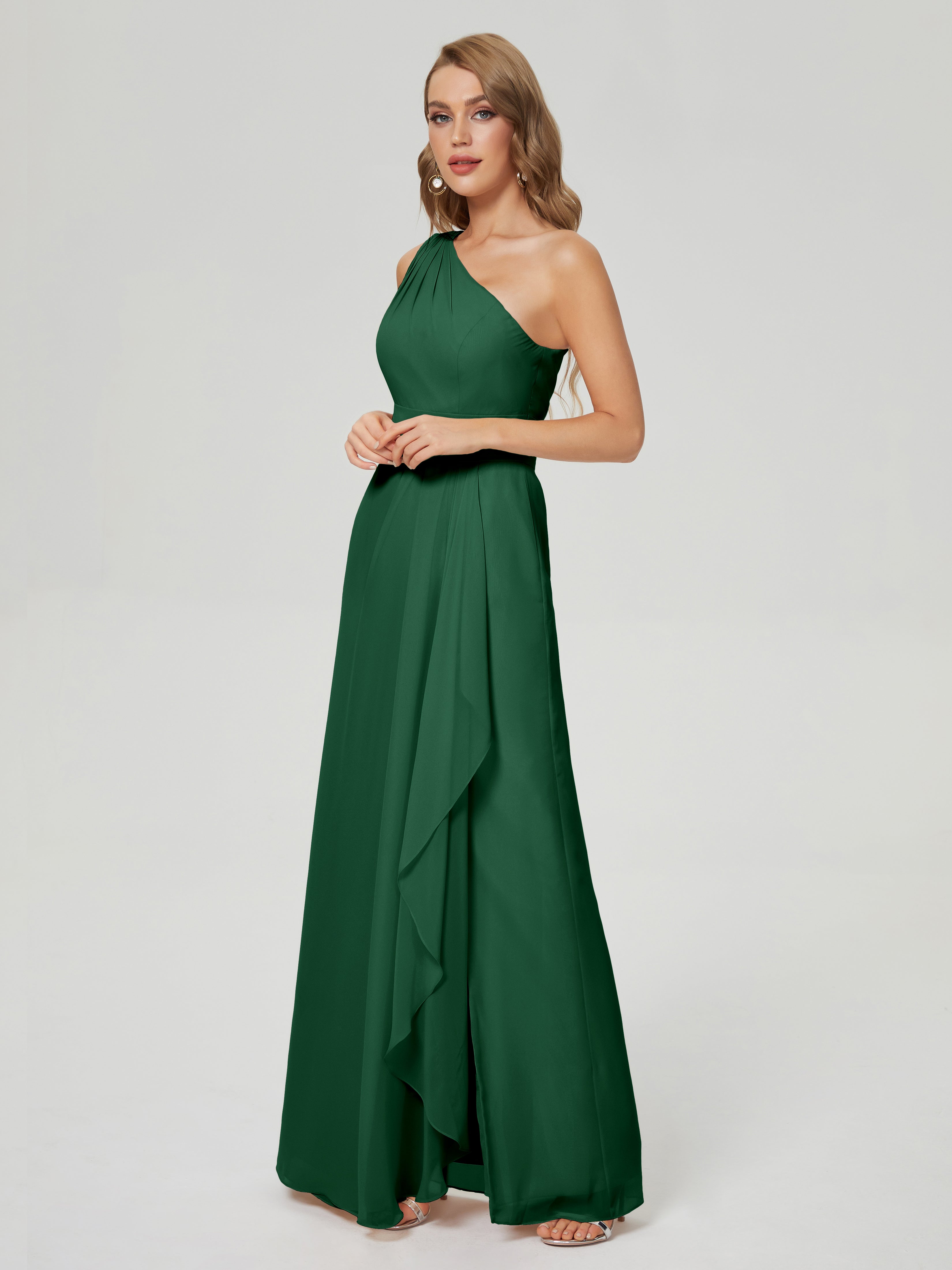 Robe Demoiselle D Honneur Vert Foncé Fendue Seule-Épaule Mousseline Robes Demoiselle D'Honneur À Volants