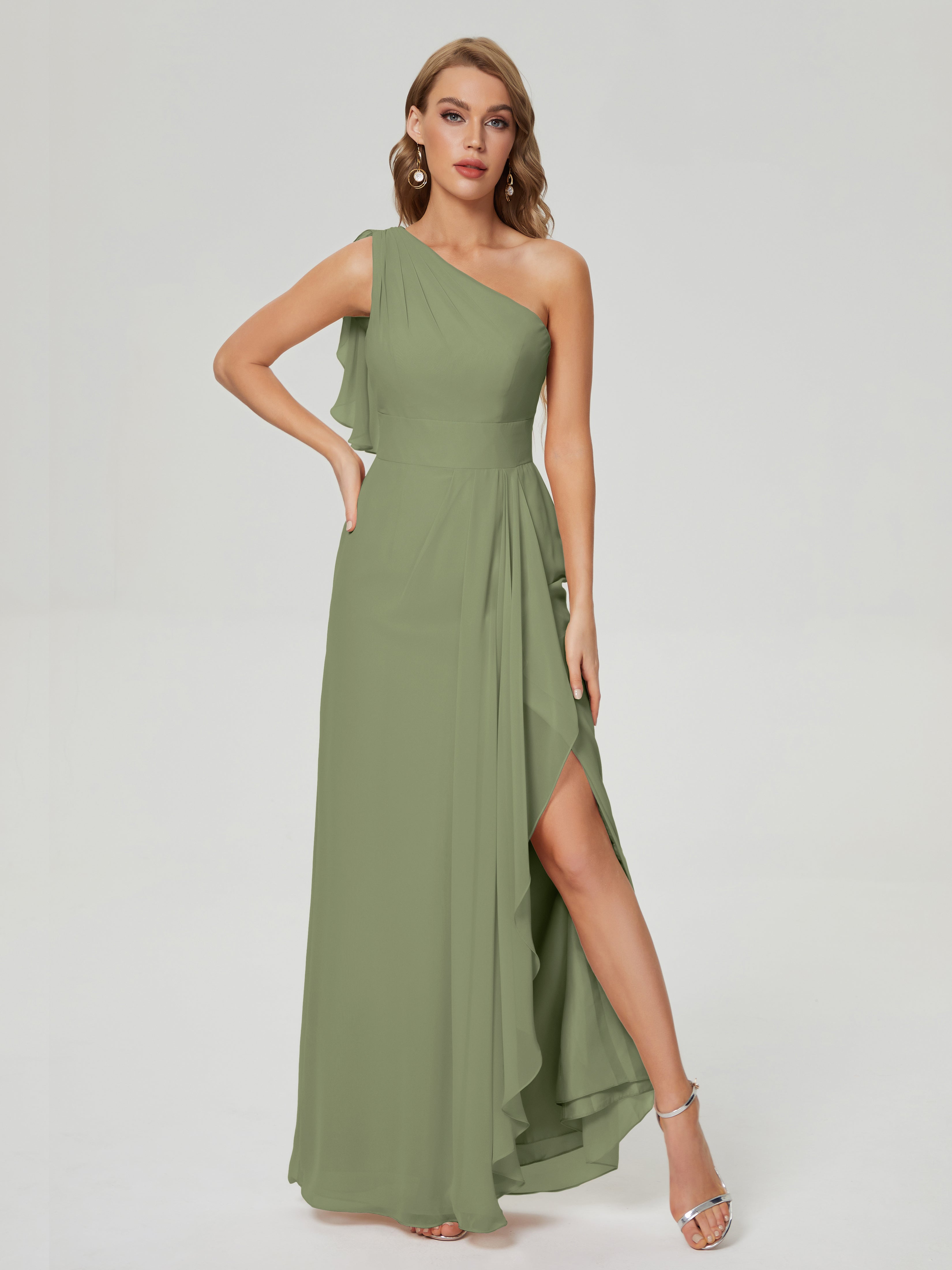 Robe De Demoiselle D Honneur Vert Olive Fendue Seule-Épaule Mousseline Robes Demoiselle D'Honneur À Volants