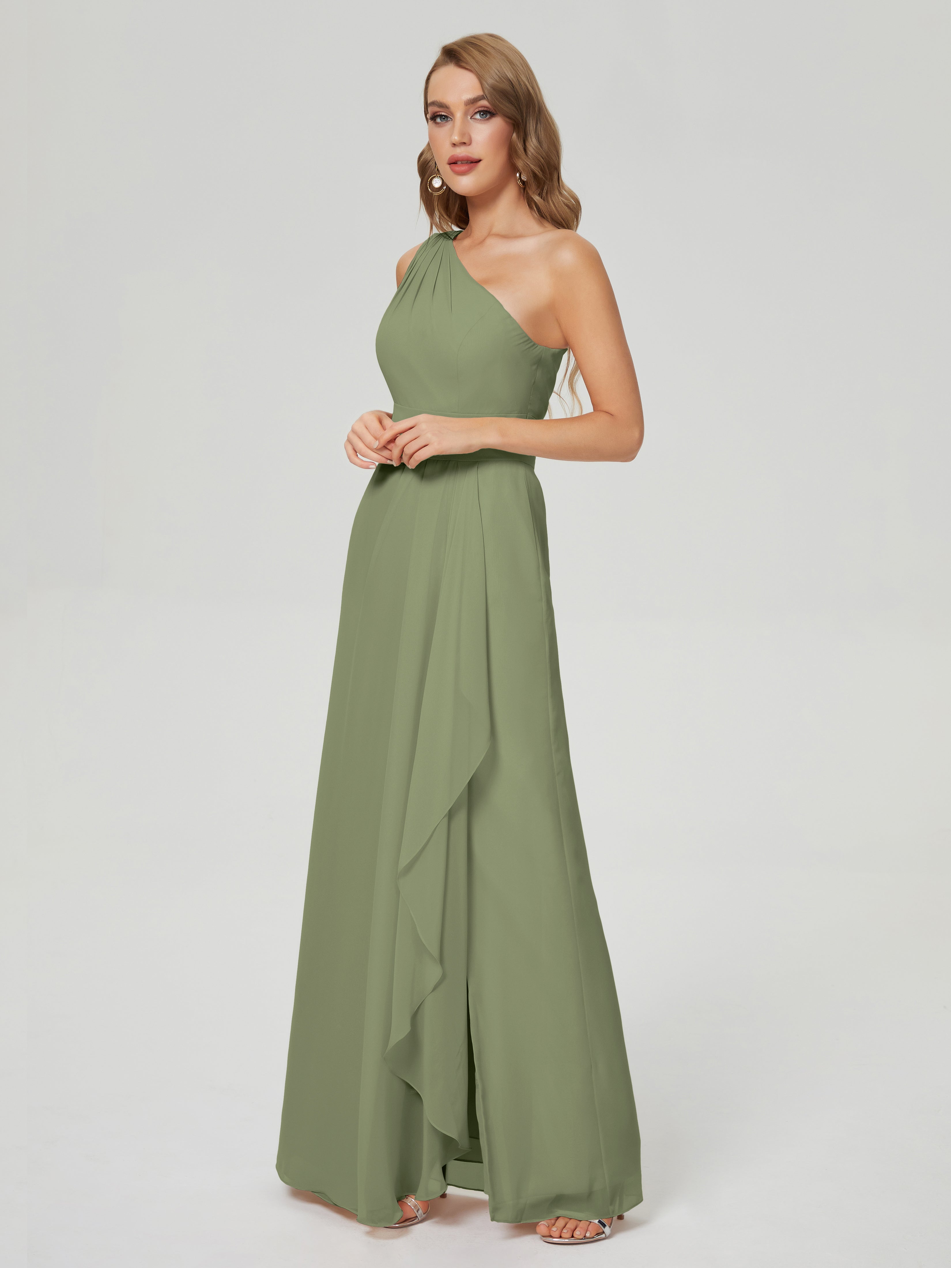 Robe De Demoiselle D Honneur Vert Olive Fendue Seule-Épaule Mousseline Robes Demoiselle D'Honneur À Volants