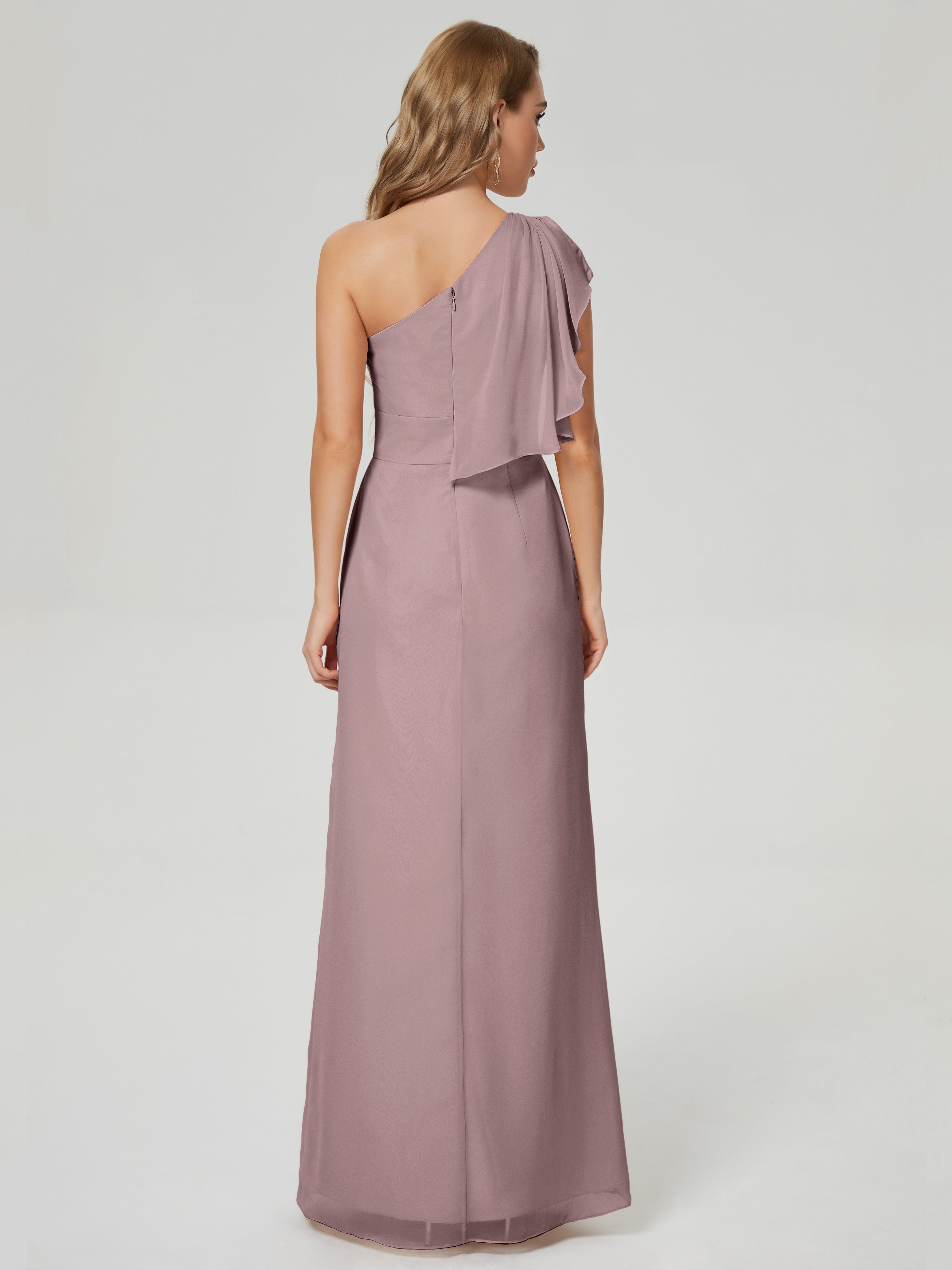 Robes De Demoiselle D'Honneur Mauve Foncé Fendue Seule-Épaule Mousseline Robes Demoiselle D'Honneur À Volants