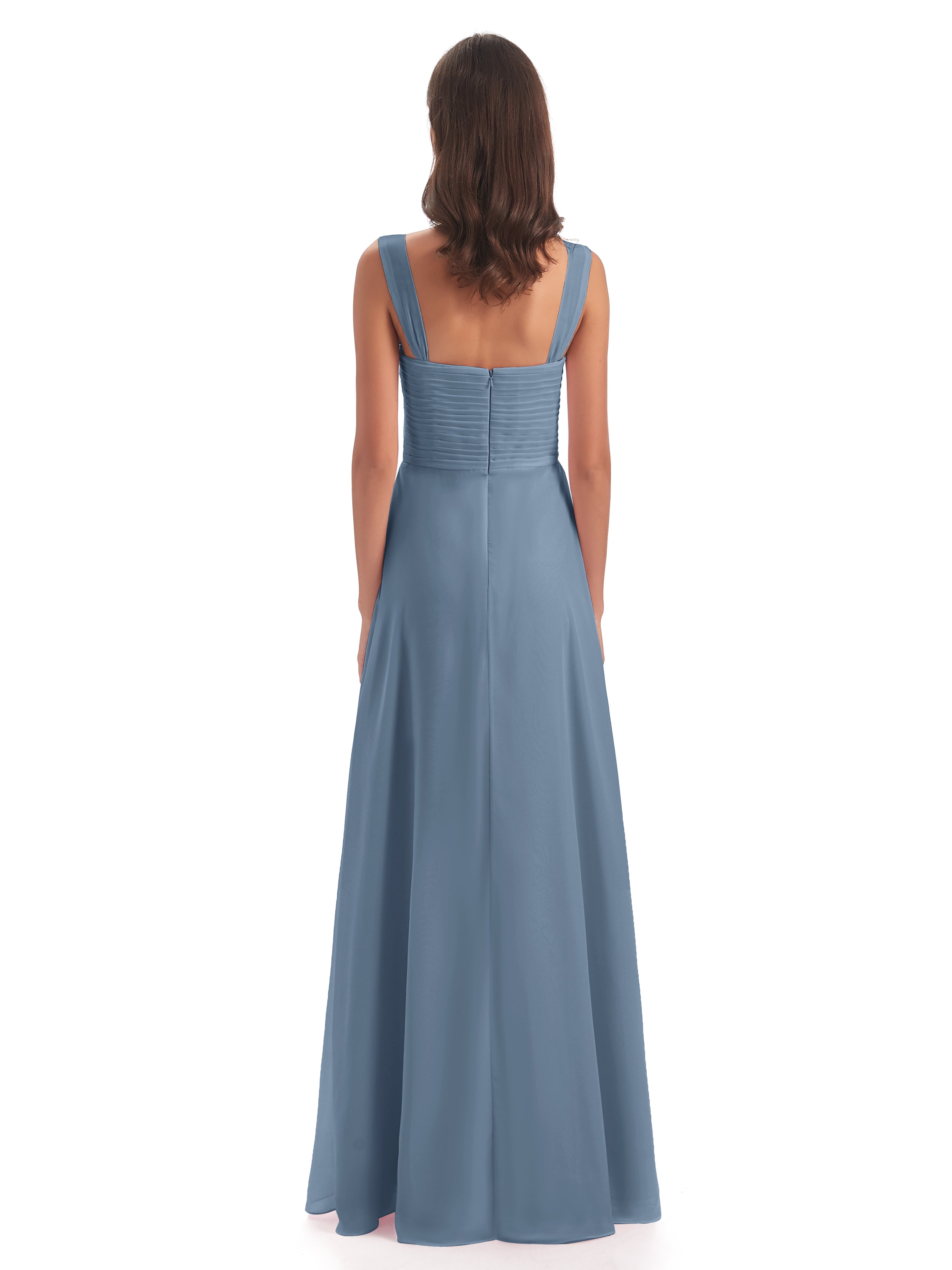 Robes De Demoiselle D'Honneur Bleu De Schiste Colonne Bretelle Mousseline Robes Demoiselle D'Honneur