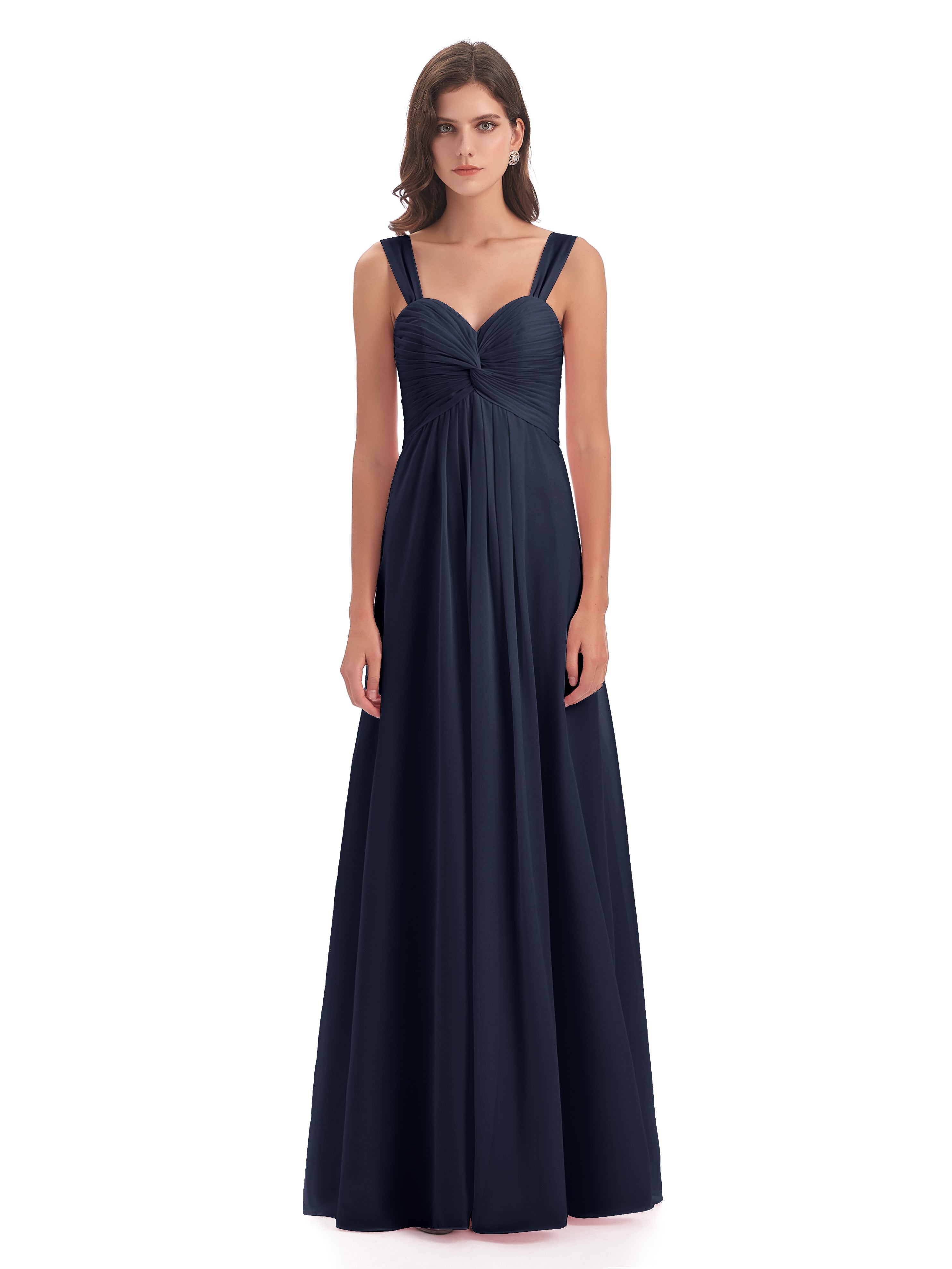 Demoiselle D'Honneur Bleu Marine Colonne Bretelle Mousseline Robes Demoiselle D'Honneur