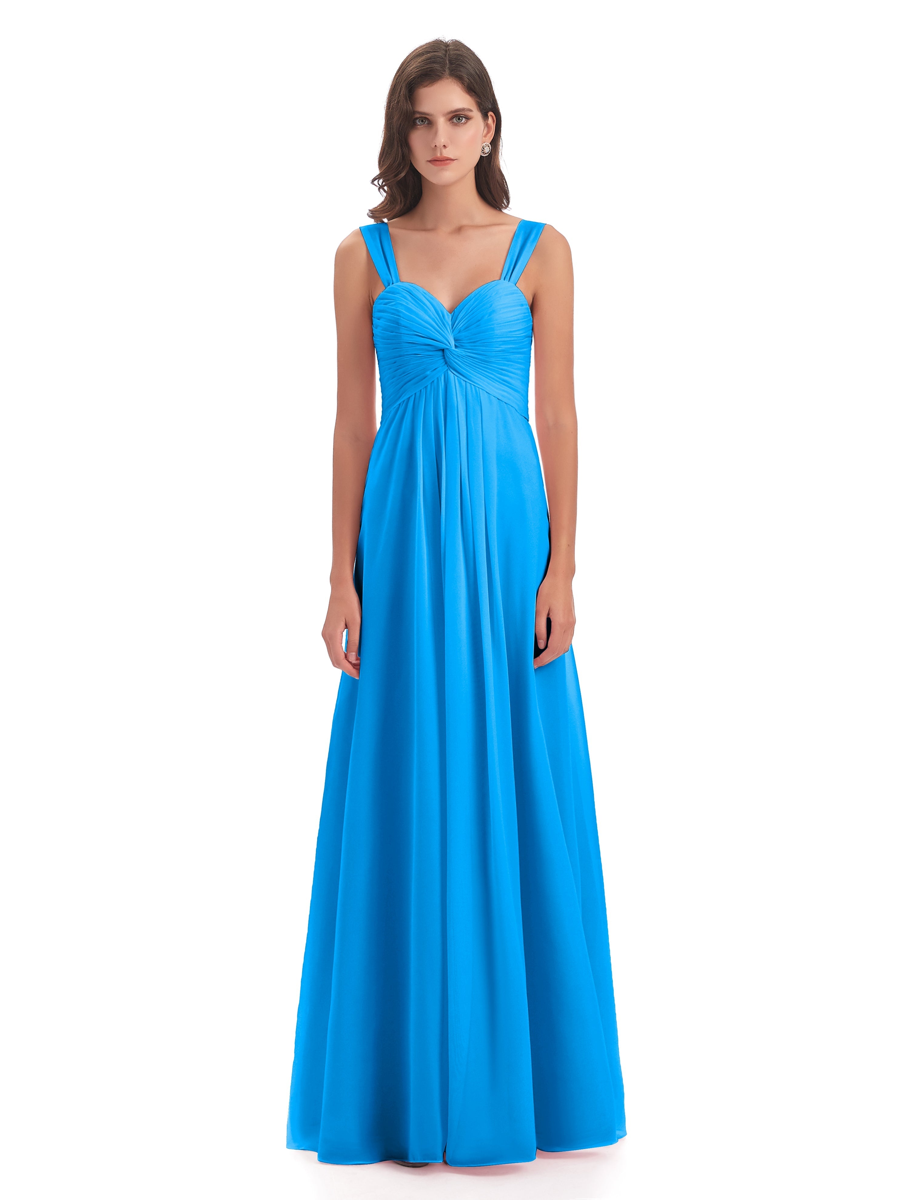 Robes De Demoiselle D'Honneur Bleu Océan Colonne Bretelle Mousseline Robes Demoiselle D'Honneur