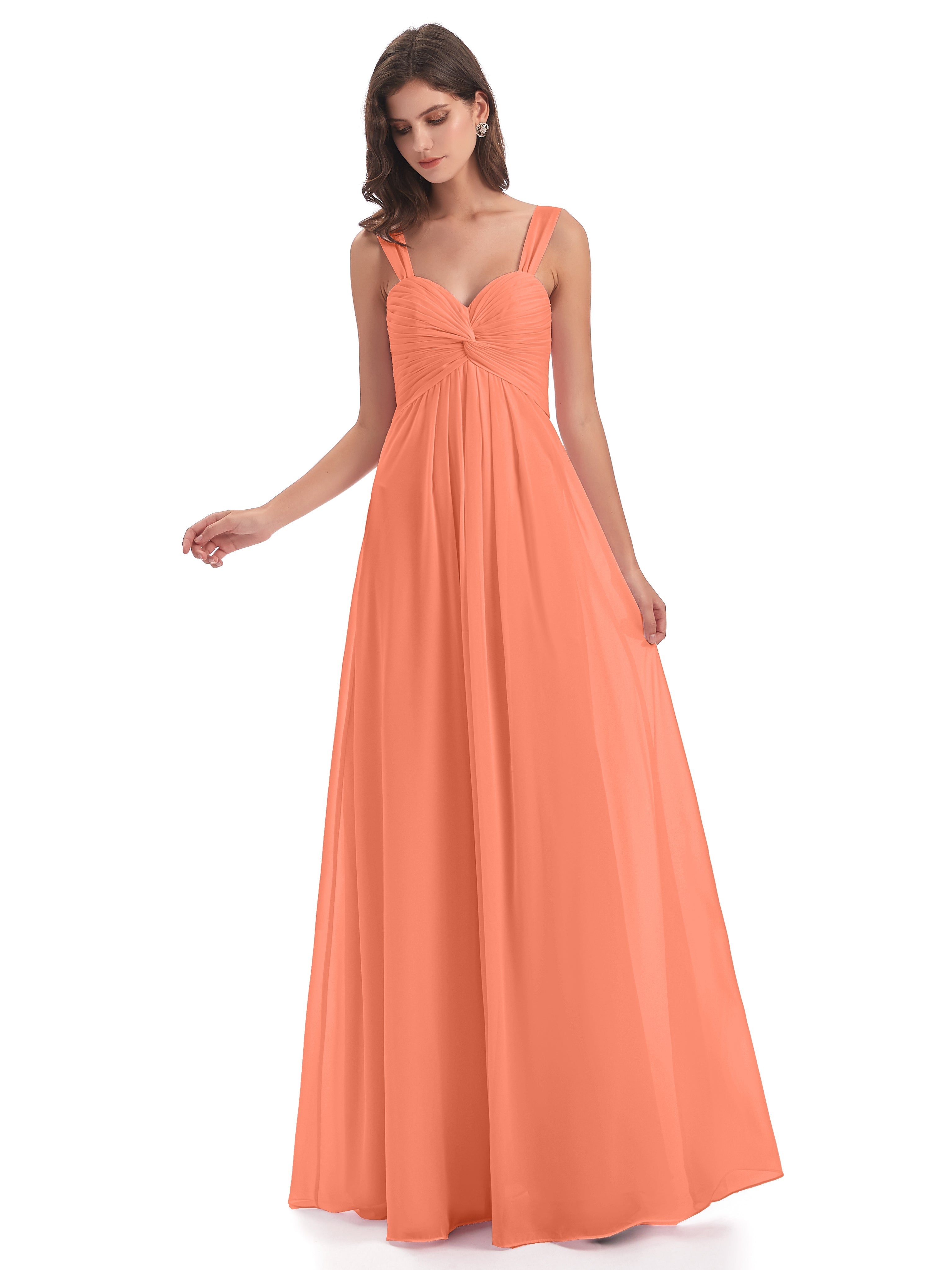 Robes De Demoiselle D'Honneur Coucher De Soleil Colonne Bretelle Mousseline Robes Demoiselle D'Honneur