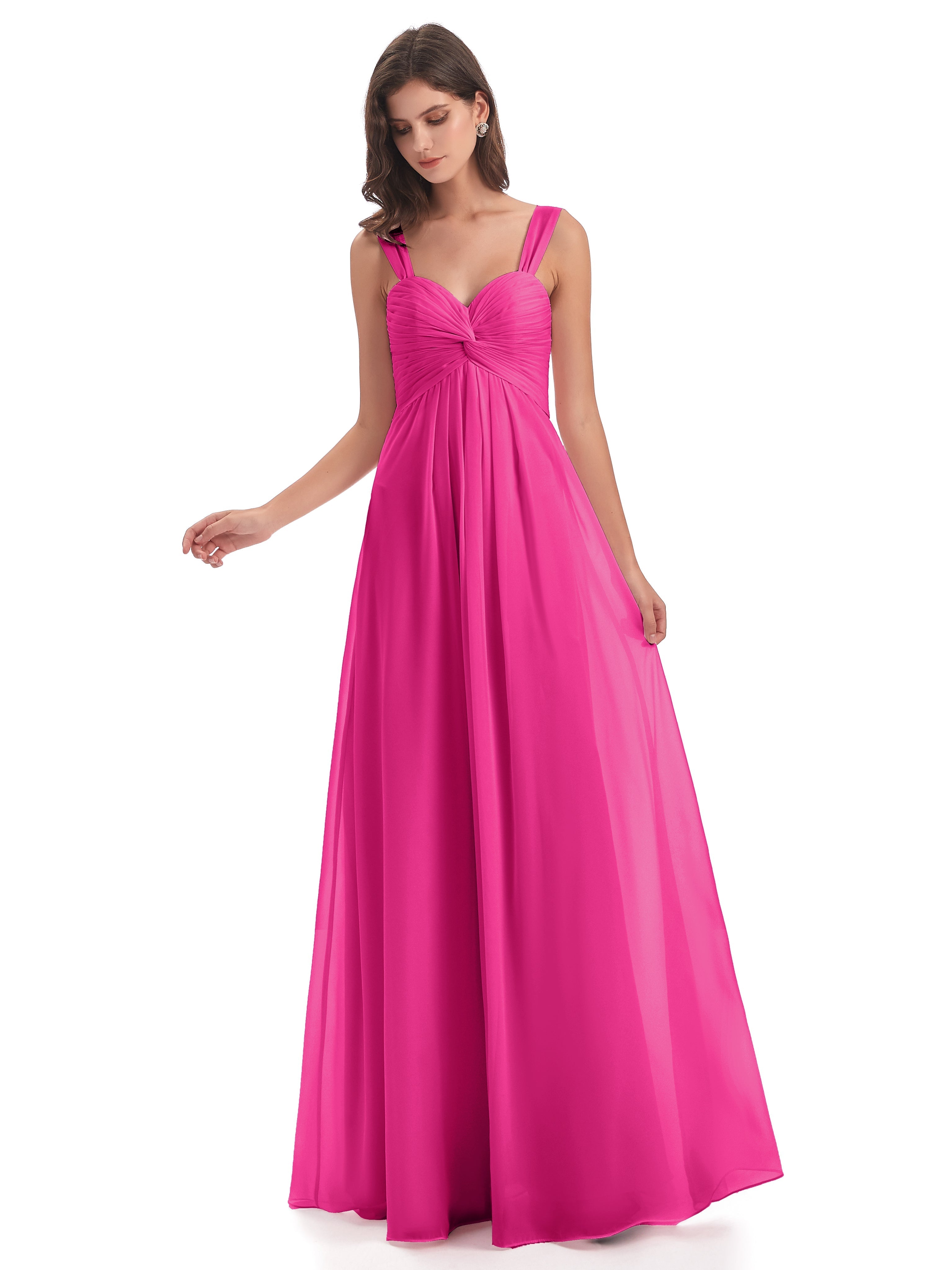 Robe Rose Fuchsia Demoiselle D Honneur Colonne Bretelle Mousseline Robes Demoiselle D'Honneur