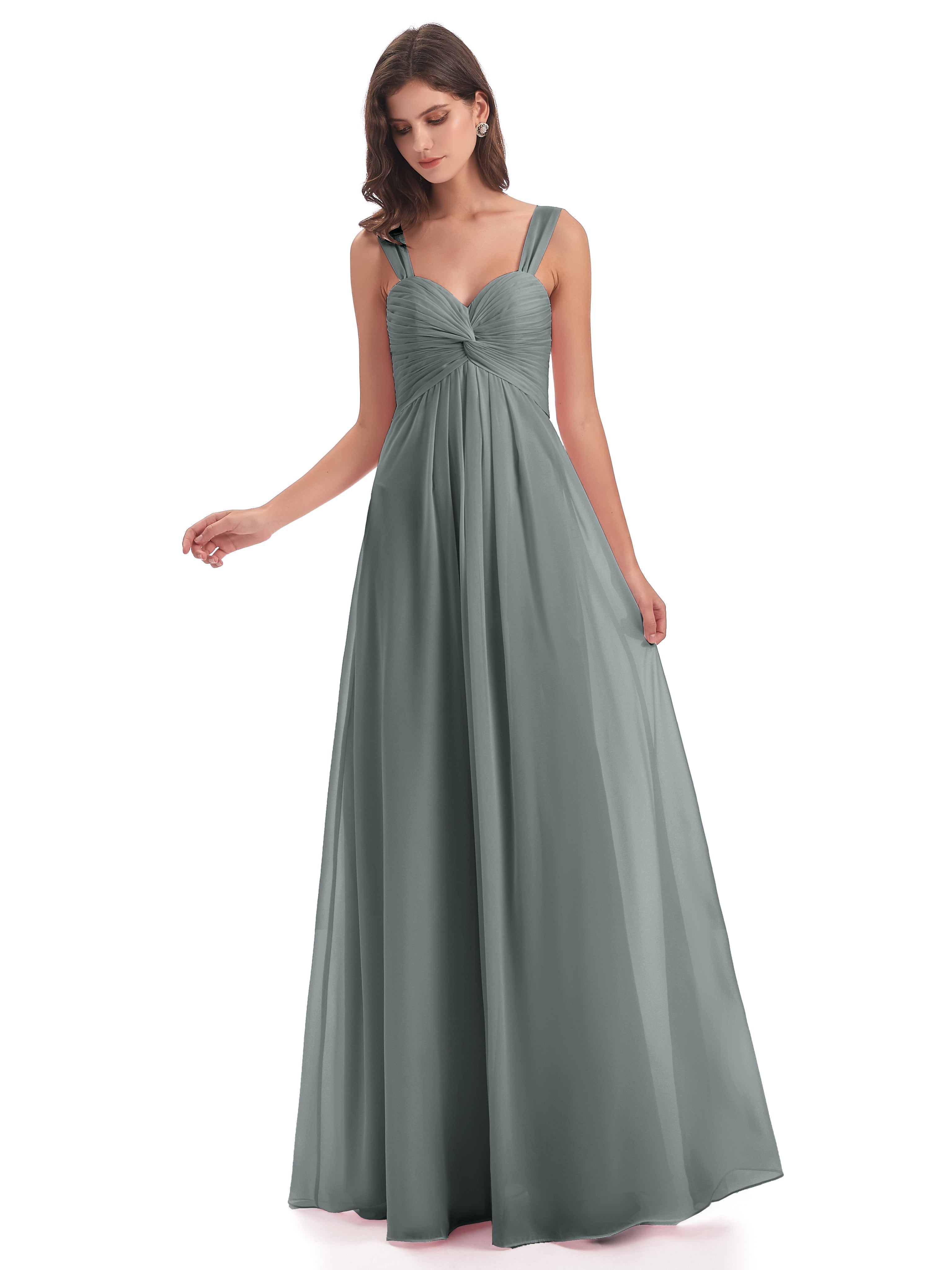 Robe De Demoiselle D Honneur Grise Colonne Bretelle Mousseline Robes Demoiselle D'Honneur