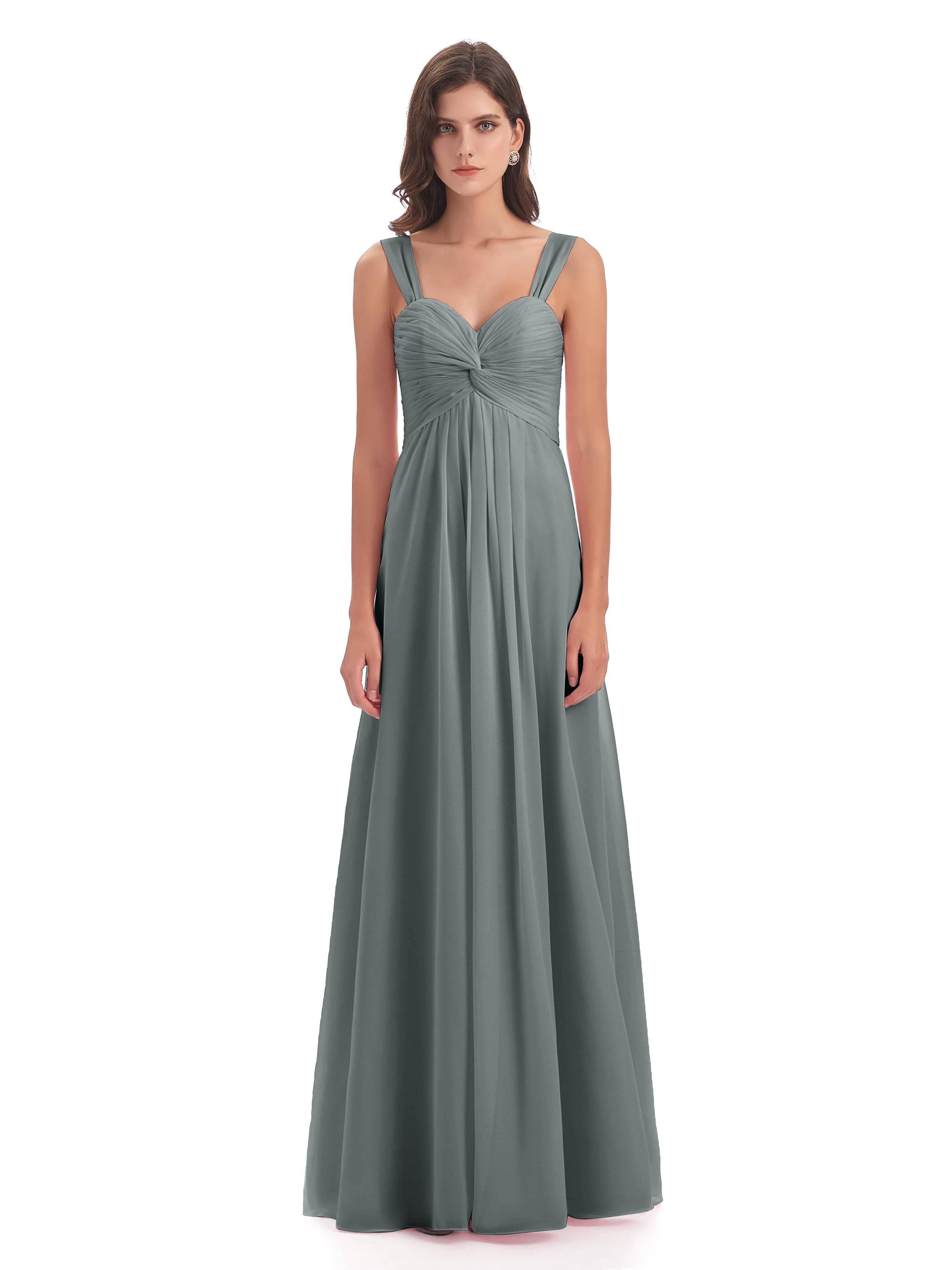 Robe De Demoiselle D Honneur Grise Colonne Bretelle Mousseline Robes Demoiselle D'Honneur