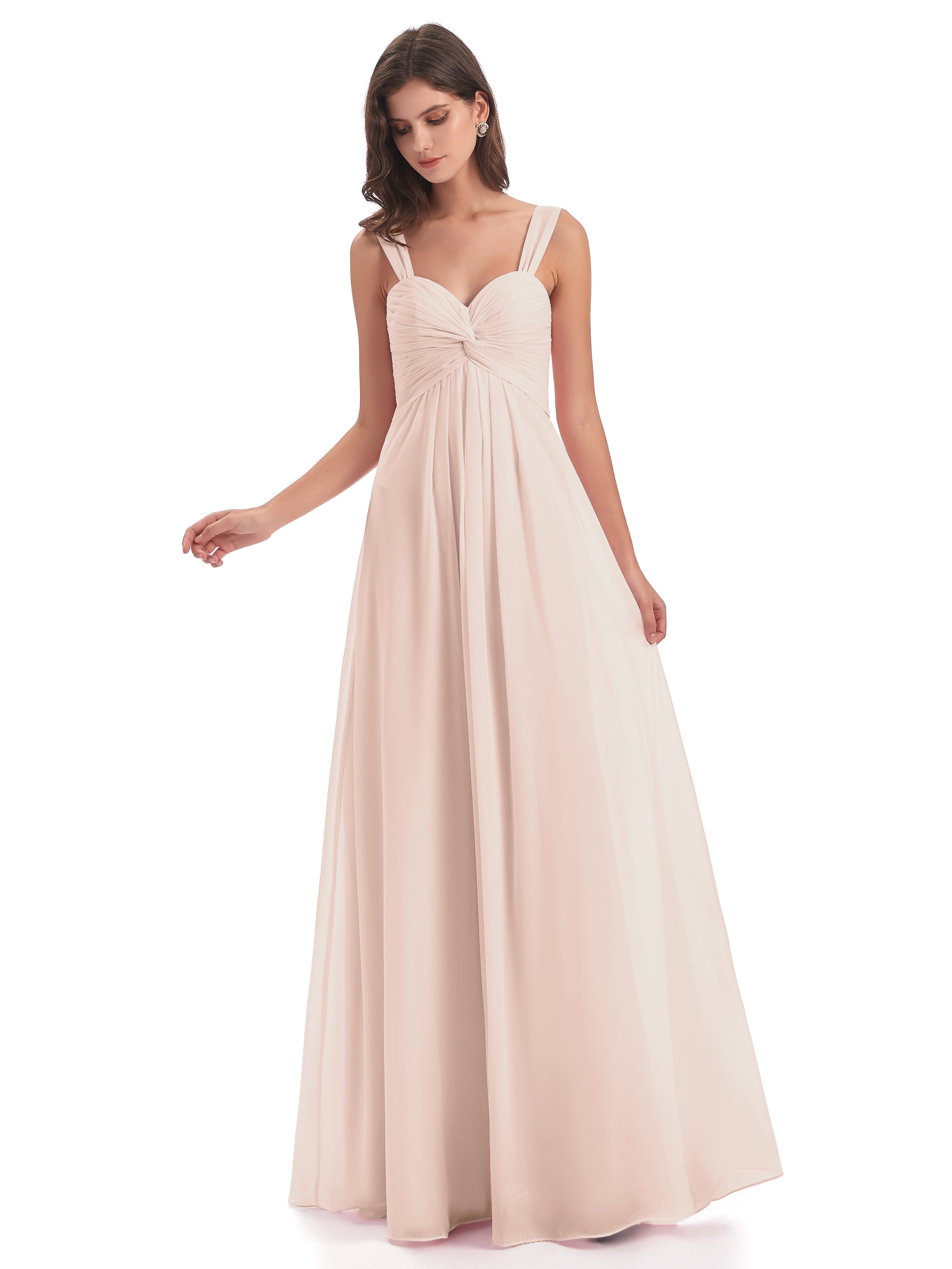Robe Demoiselle D Honneur Rose Perle Colonne Bretelle Mousseline Robes Demoiselle D'Honneur