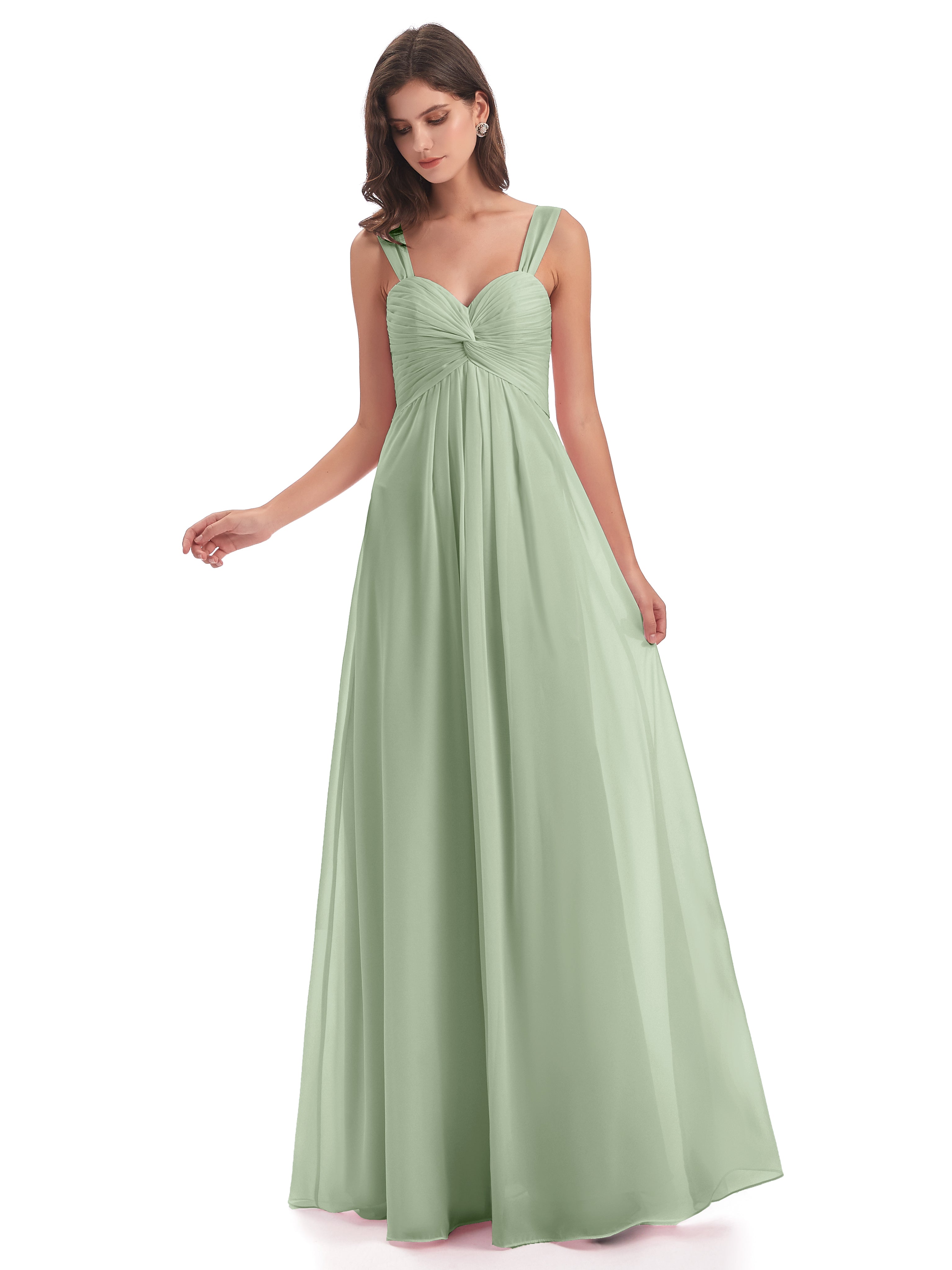 Longues Robes De Demoiselle D'Honneur De Sauge Poussiéreuse Colonne Bretelle Mousseline Robes Demoiselle D'Honneur