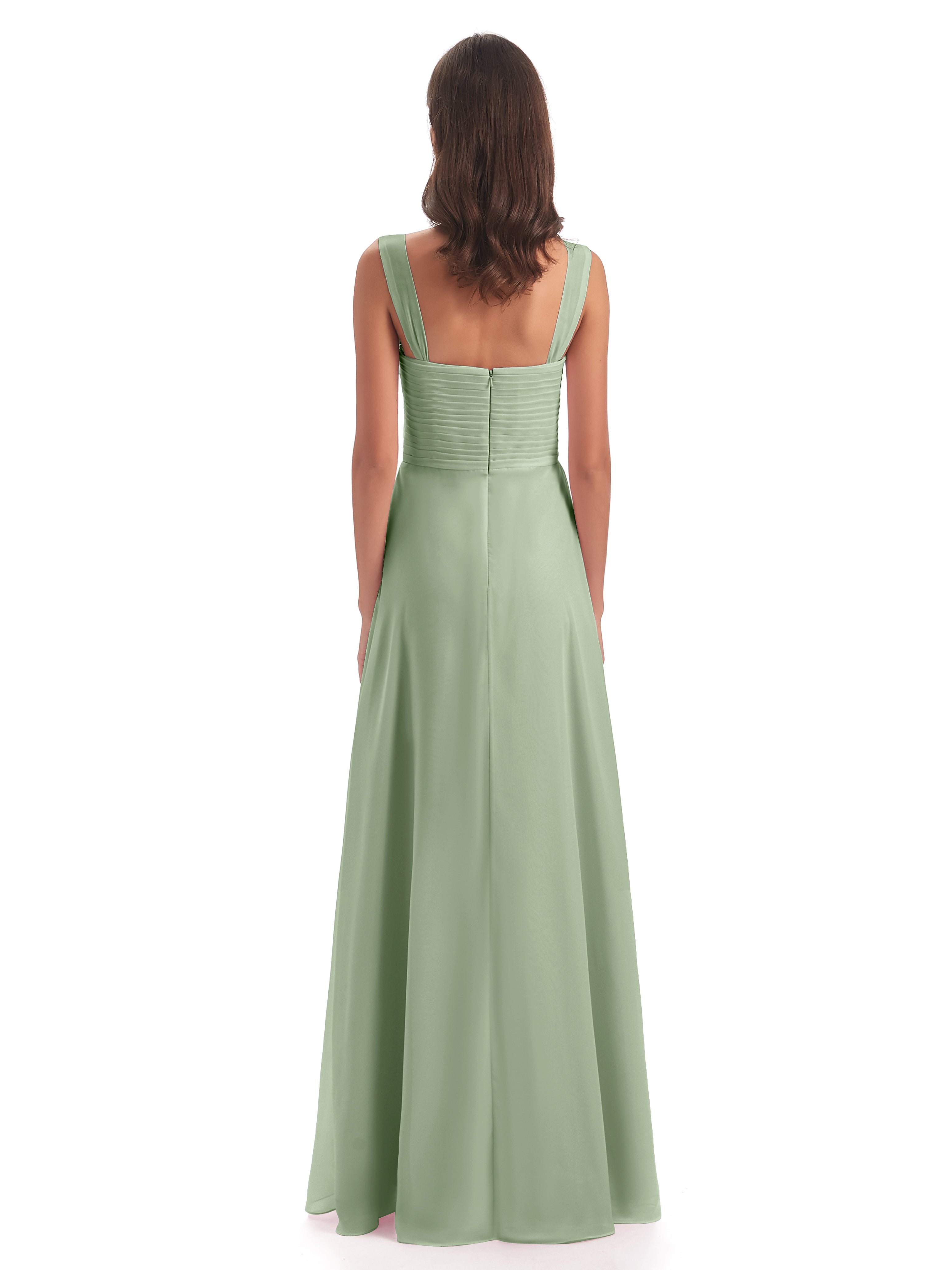 Longues Robes De Demoiselle D'Honneur De Sauge Poussiéreuse Colonne Bretelle Mousseline Robes Demoiselle D'Honneur