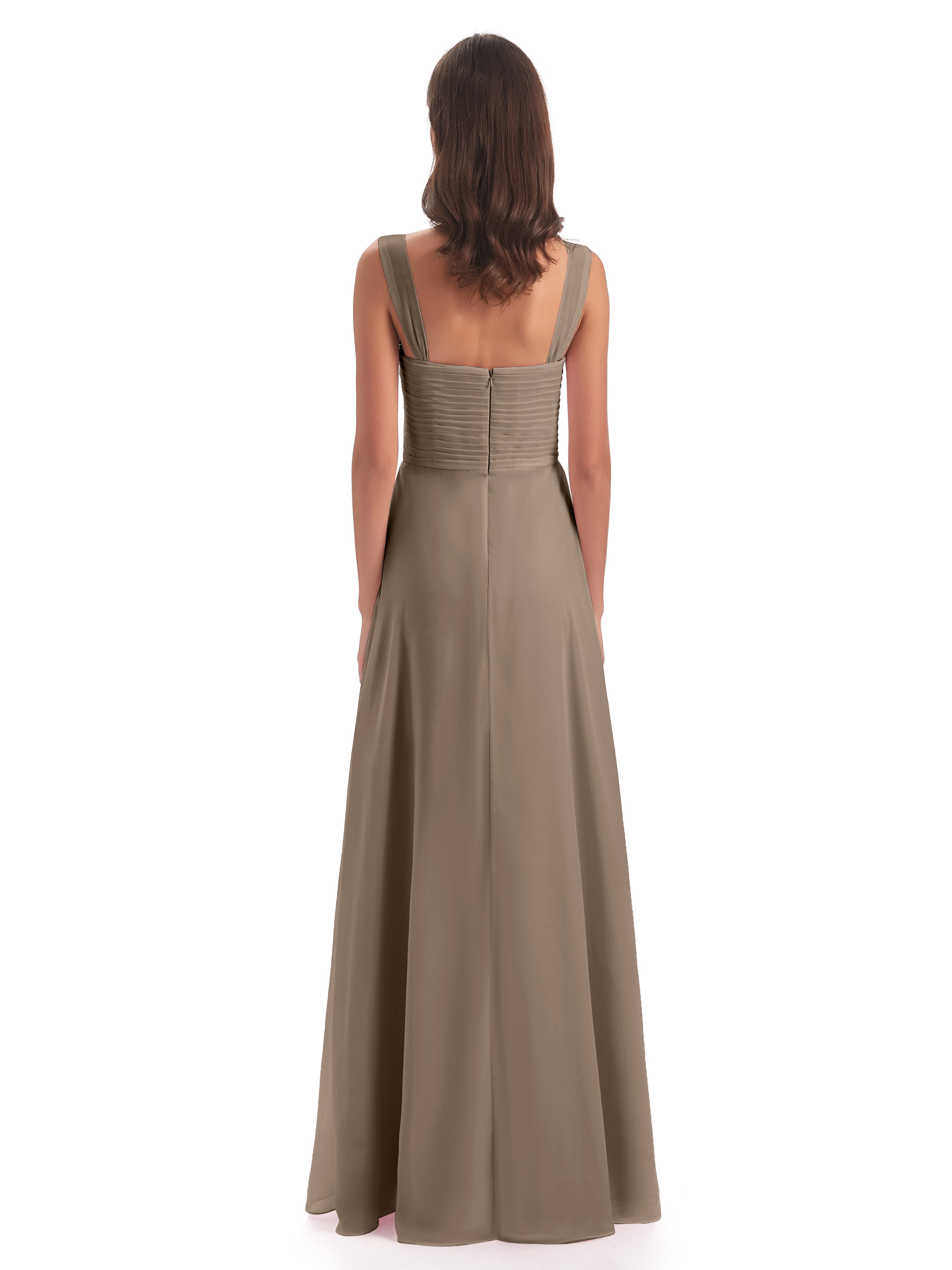 Robe Ceremonie Taupe Colonne Bretelle Mousseline Robes Demoiselle D'Honneur