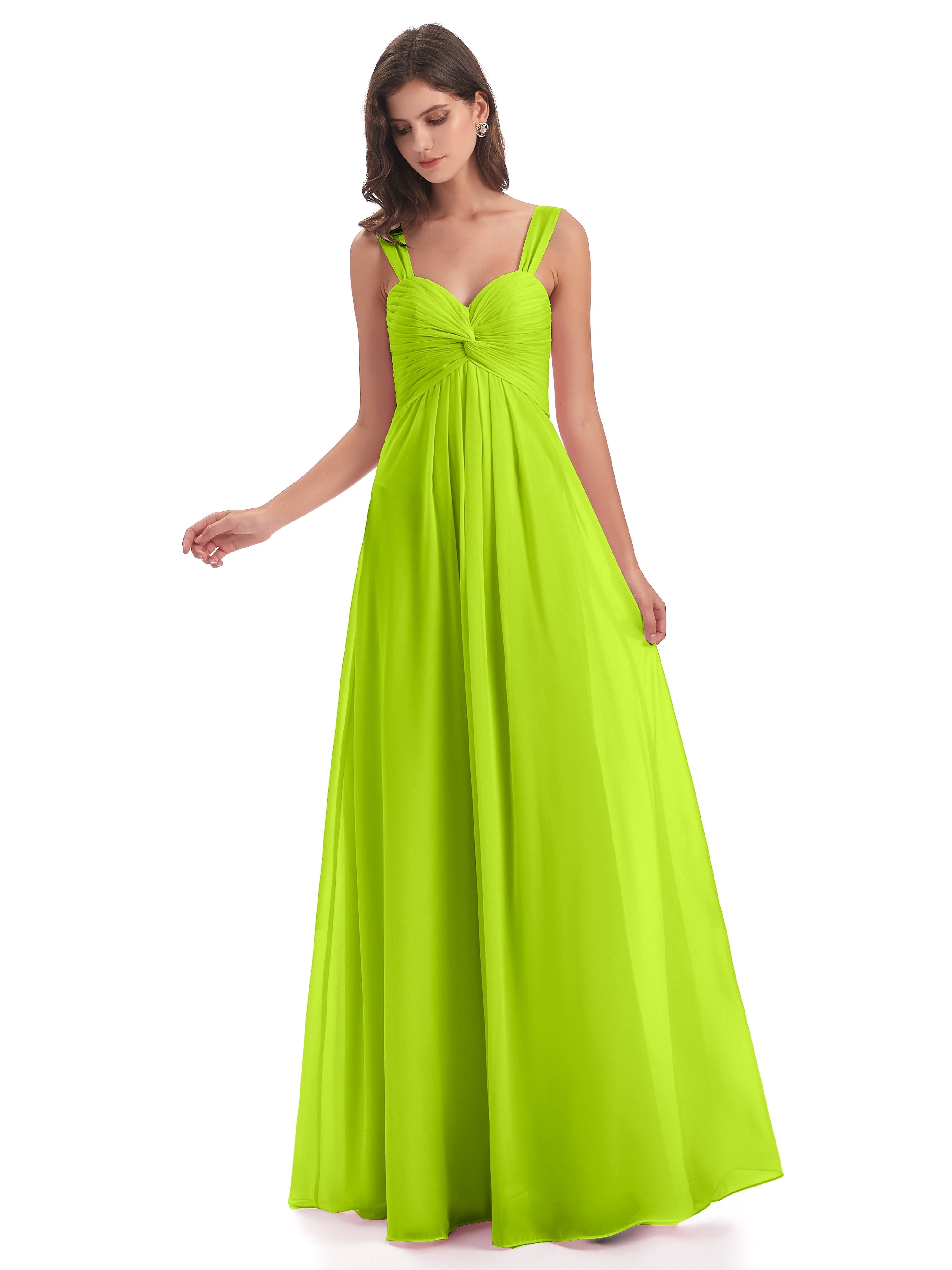 Robes De Demoiselle D'Honneur Vert Citron Colonne Bretelle Mousseline Robes Demoiselle D'Honneur