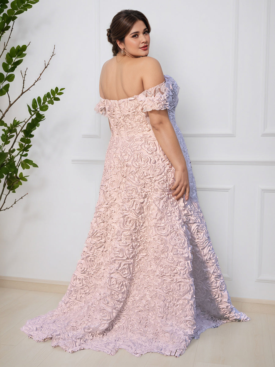 Cicinia IVOIRE Robe de Bal Longue Splendide Épaules Dénudées en Satin avec Broderie 3D et Rosettes Grande Taille