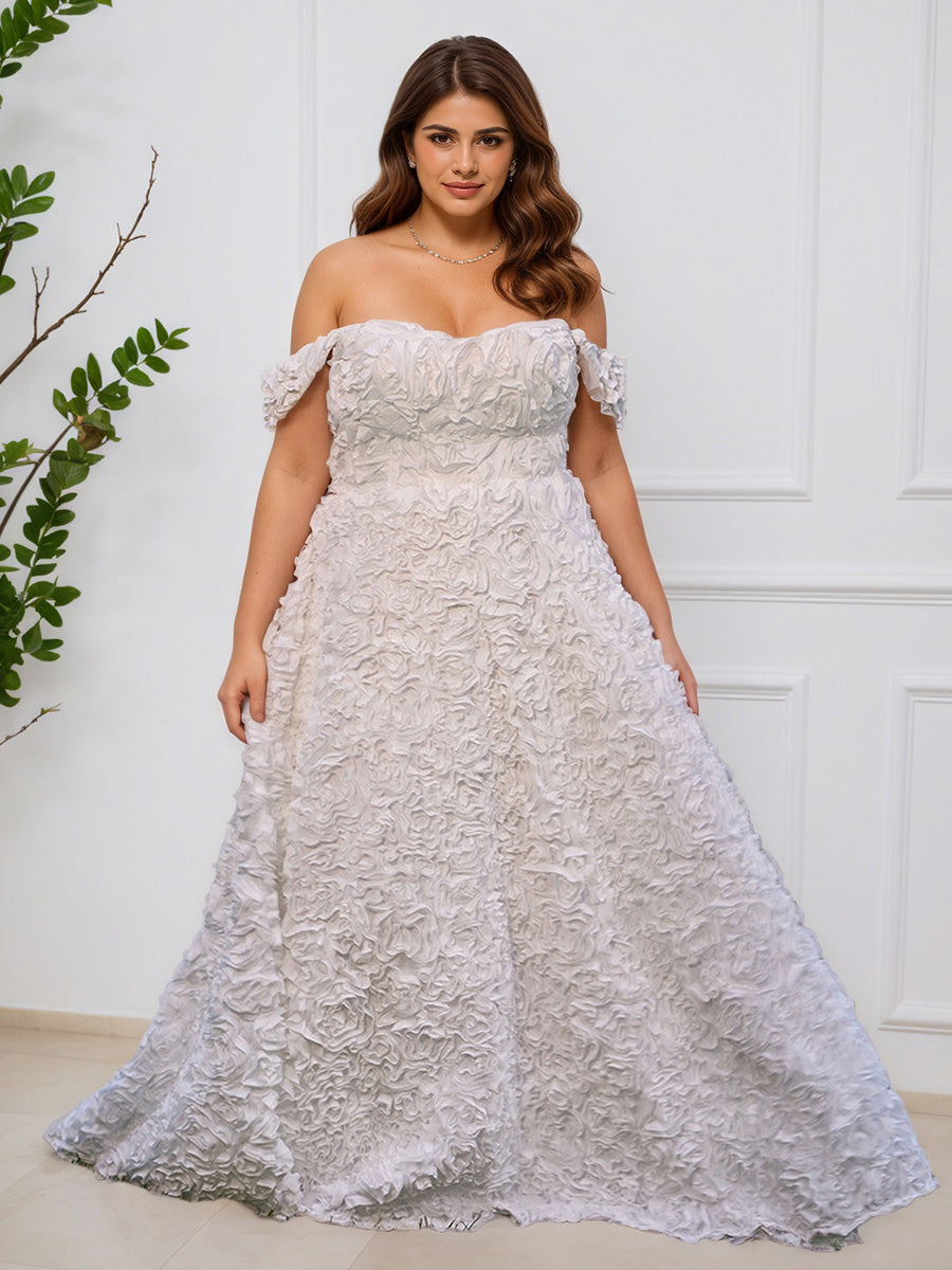 Cicinia IVOIRE Robe de Bal Longue Splendide Épaules Dénudées en Satin avec Broderie 3D et Rosettes Grande Taille