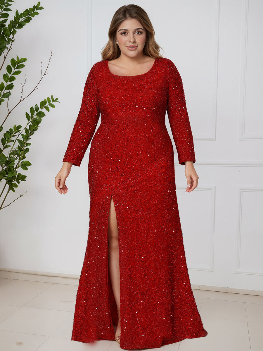 Cicinia ROUGE Robe de Bal Longue Pailletée Manches Longues Fourreau Grande Taille