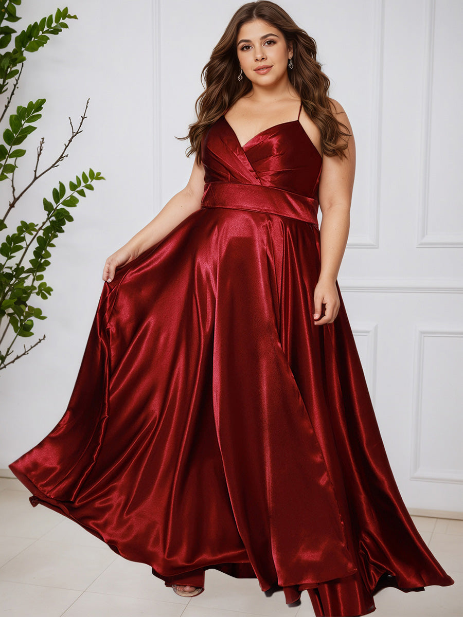 Cicinia BORDEAUX Robe de Bal Longue en Satin Doux Bretelles Spaghetti Grande Taille