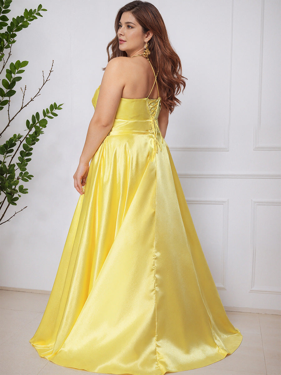 Cicinia CITRON Robe de Bal Longue en Satin Doux Bretelles Spaghetti Grande Taille