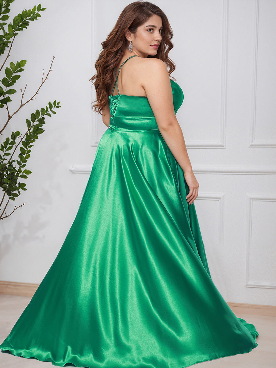 Cicinia Vert Robe de Bal Longue en Satin Doux Bretelles Spaghetti Grande Taille