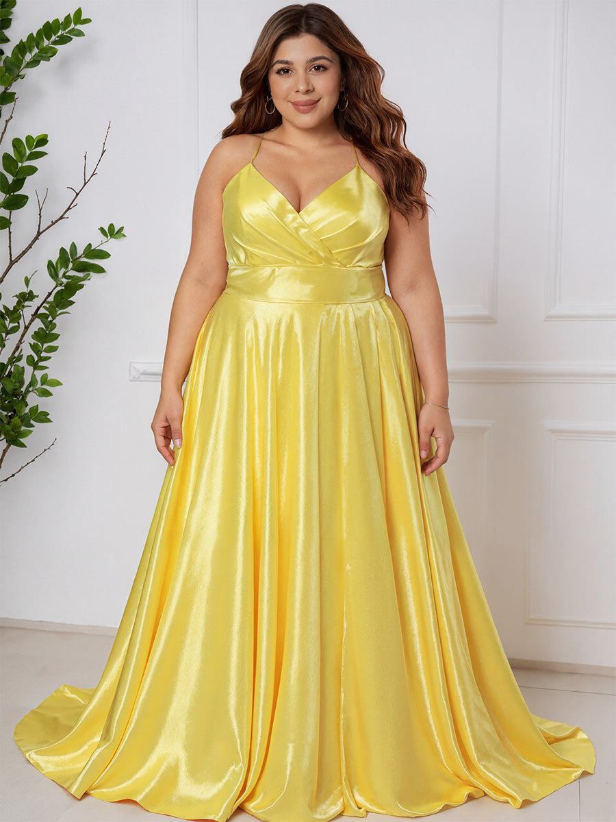 Cicinia CITRON Robe de Bal Longue en Satin Doux Bretelles Spaghetti Grande Taille