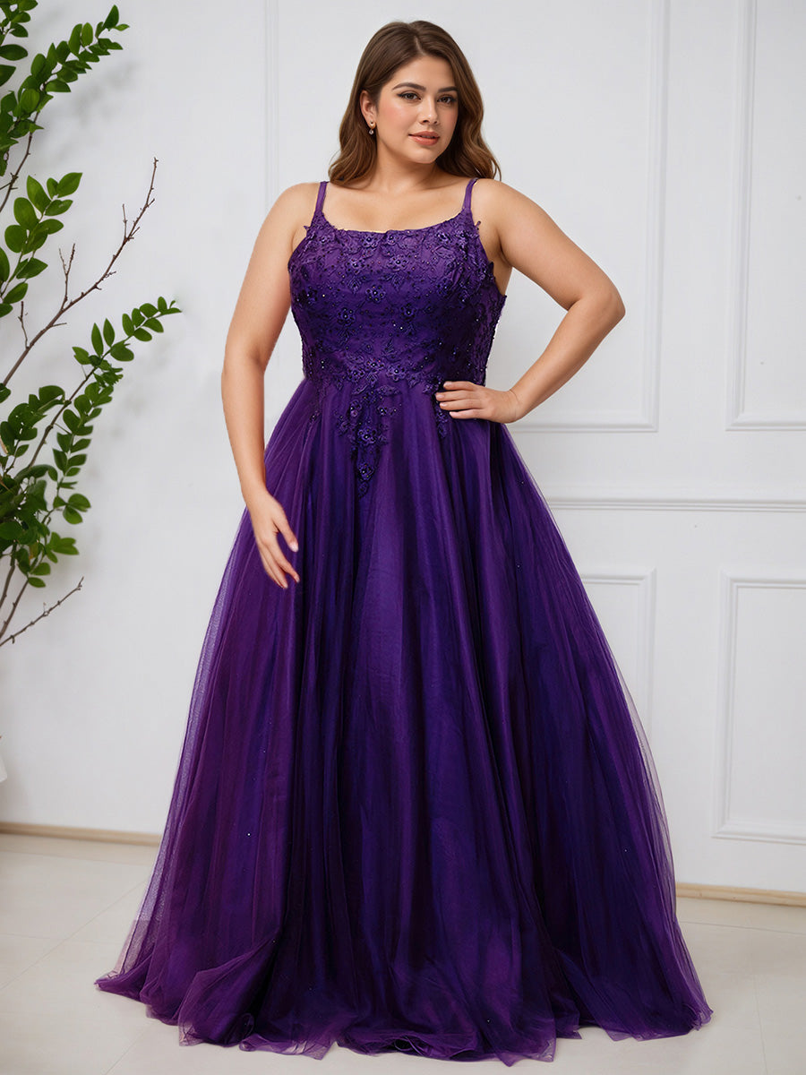 Cicinia Raisin Robe de Bal Dentelle Tulle Perles A-Line Longue Grande Taille