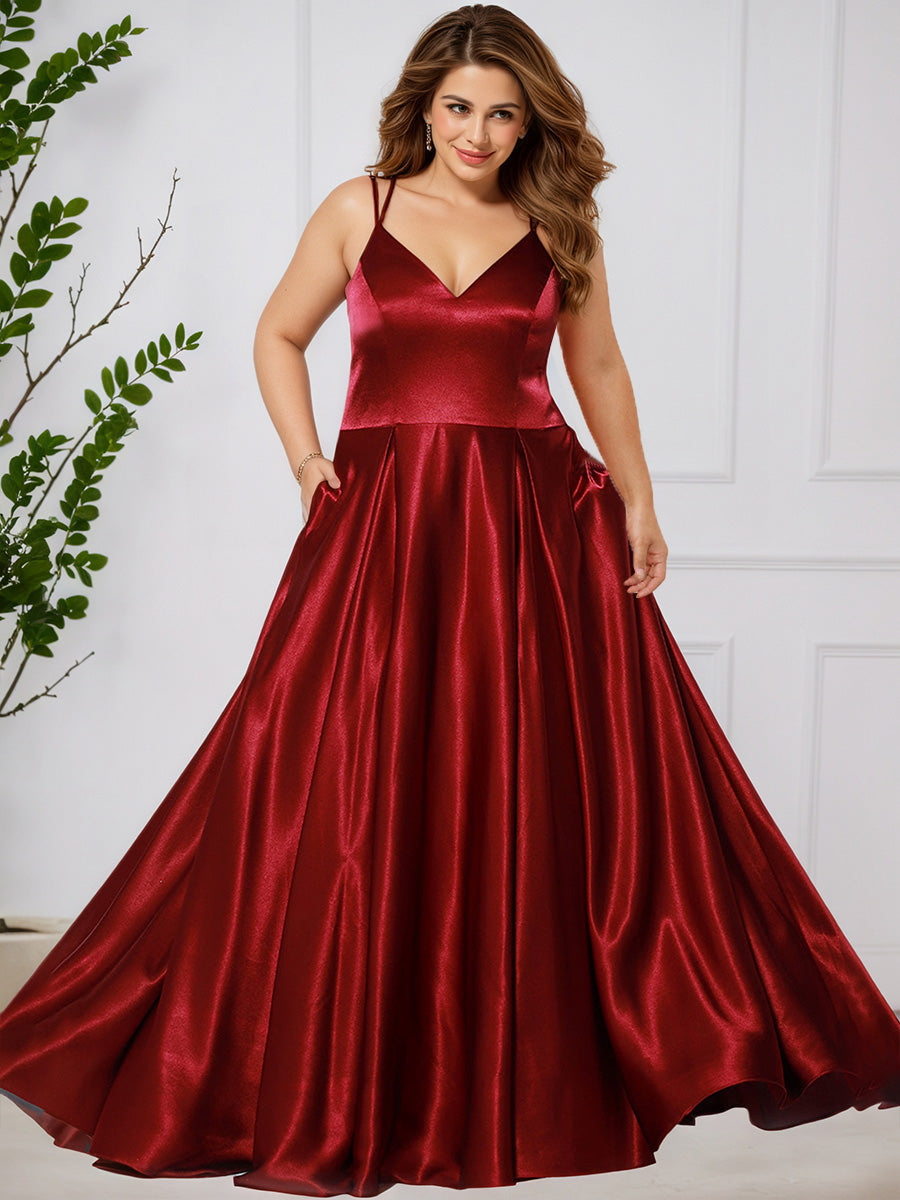 Cicinia BORDEAUX Robe de Bal Longue Simple en Satin Doux à Bretelles Fines Ligne A Grande Taille