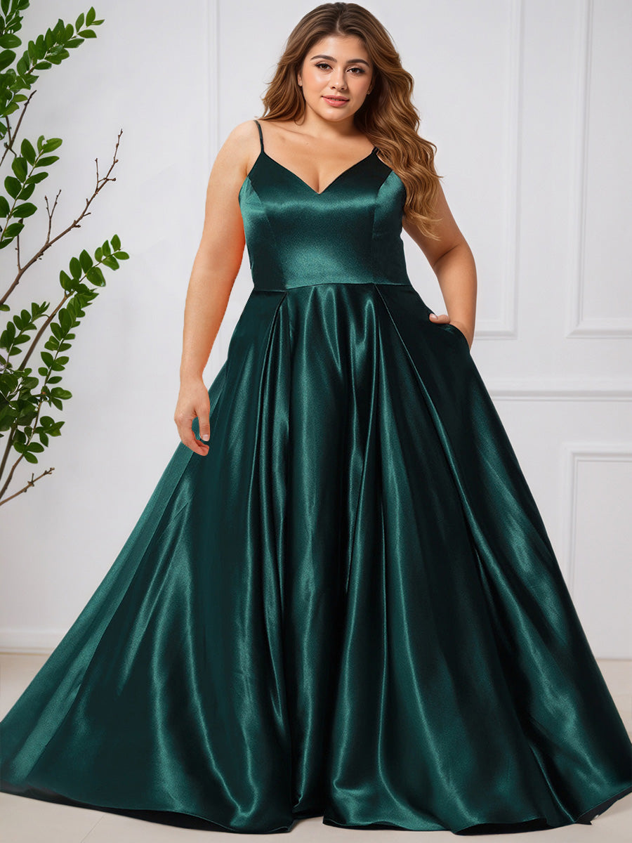 Cicinia VERT_FONCE Robe de Bal Longue Simple en Satin Doux à Bretelles Fines Ligne A Grande Taille