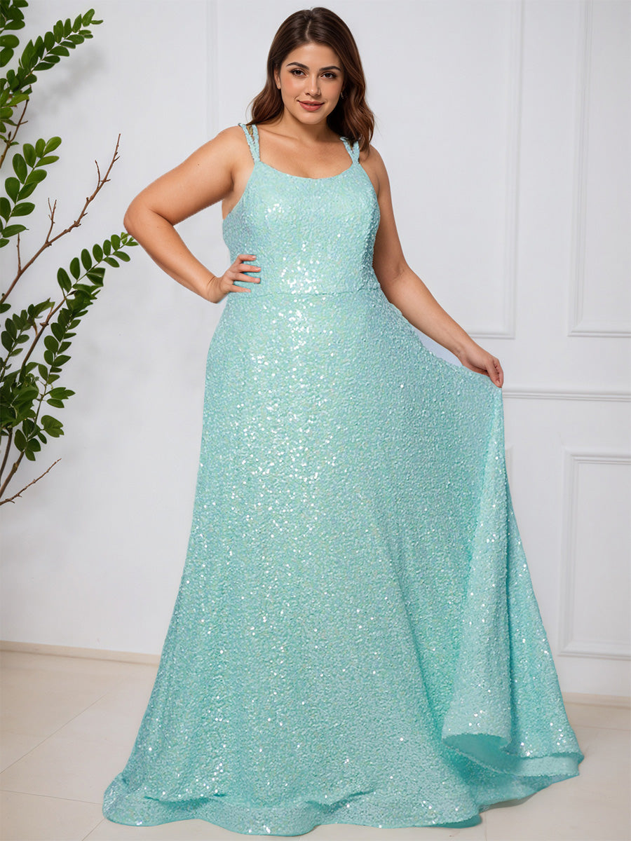 Cicinia VERT_MENTHE Robe de Bal Longue Élégante A-Ligne à Paillettes Bretelles Spaghetti Grande Taille
