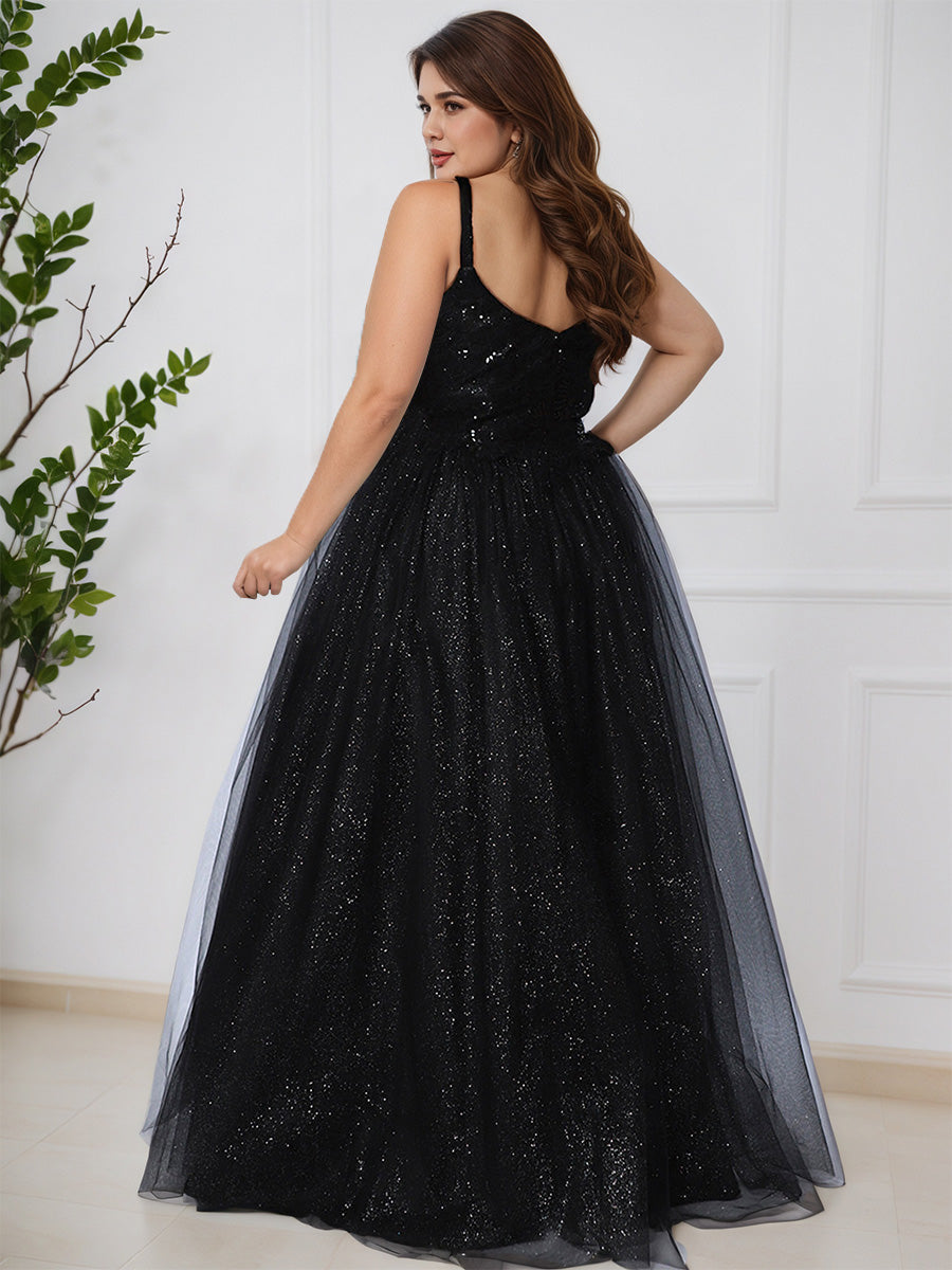 Cicinia Noir Robe de Bal Longue Modeste à Paillettes Brillante Ligne A Grande Taille