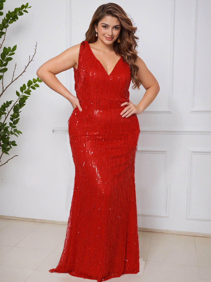 Cicinia Rouge Robe de Bal Longue Élégante Fourreau Décolleté en V Grande Taille