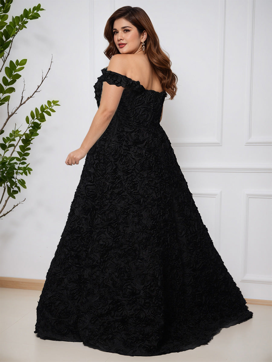 Cicinia Noir Robe de Bal Longue Splendide Épaules Dénudées en Satin avec Broderie 3D et Rosettes Grande Taille
