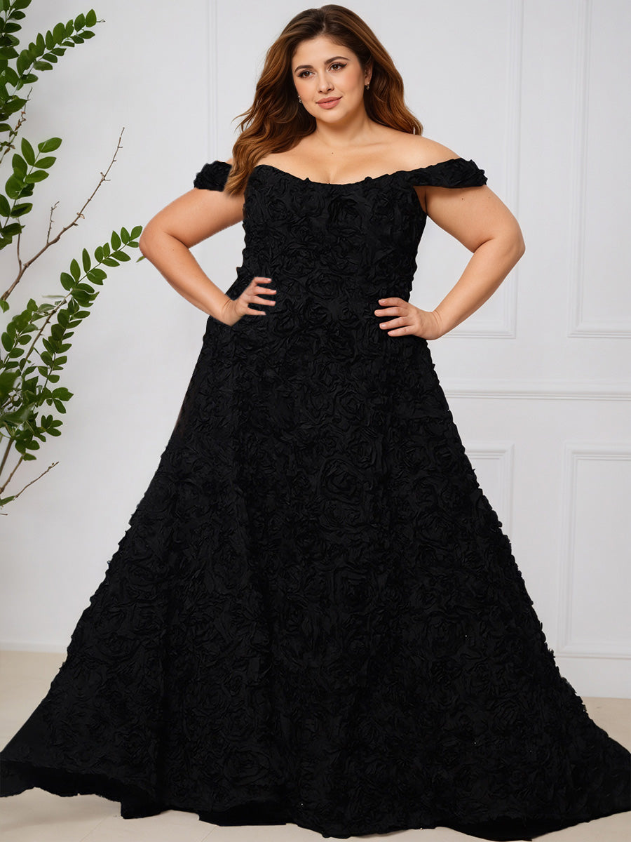 Cicinia Noir Robe de Bal Longue Splendide Épaules Dénudées en Satin avec Broderie 3D et Rosettes Grande Taille