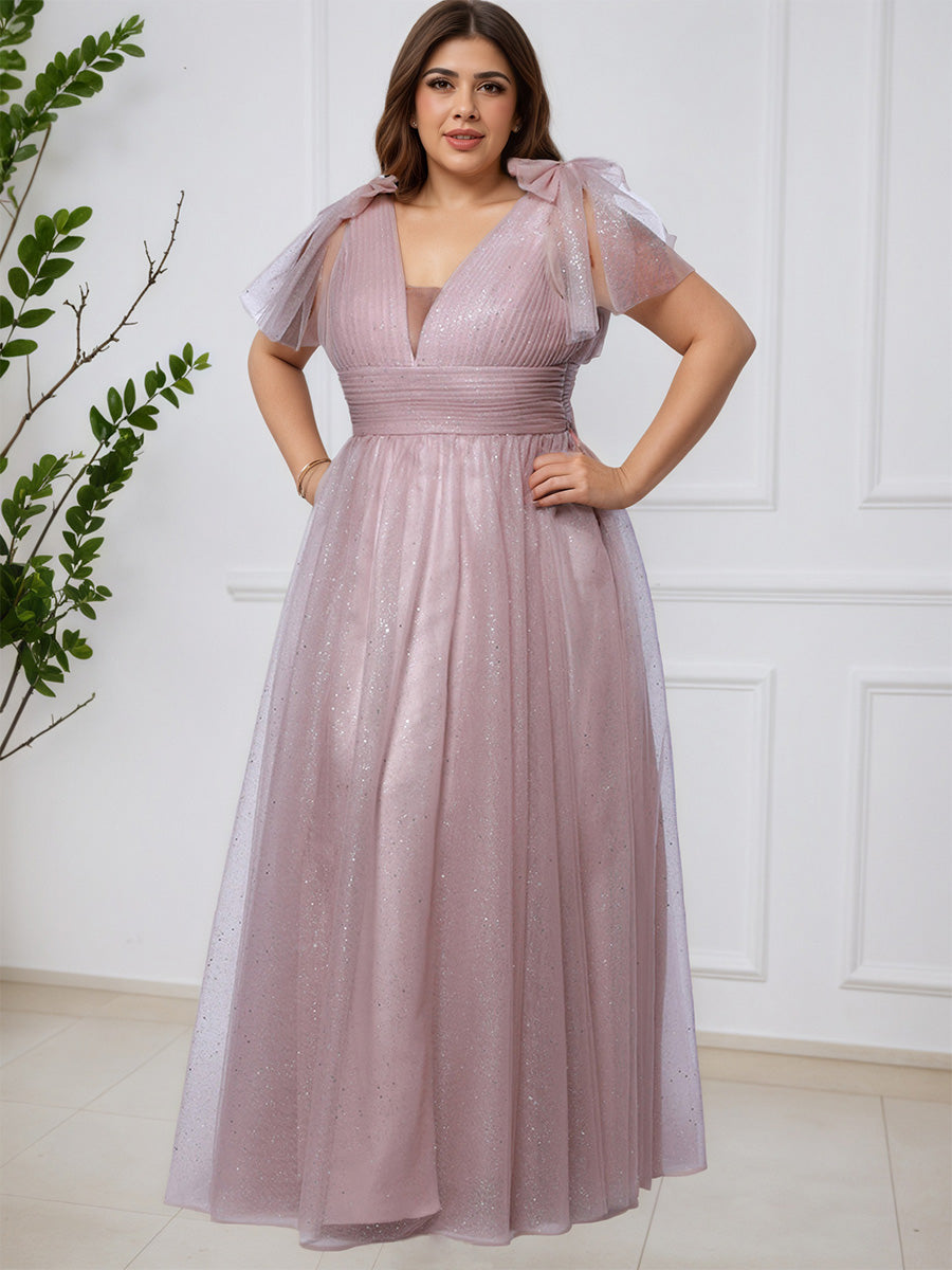Cicinia Rose Poudré Robe de Bal Longue Brillante en Tulle Fluide Grande Taille