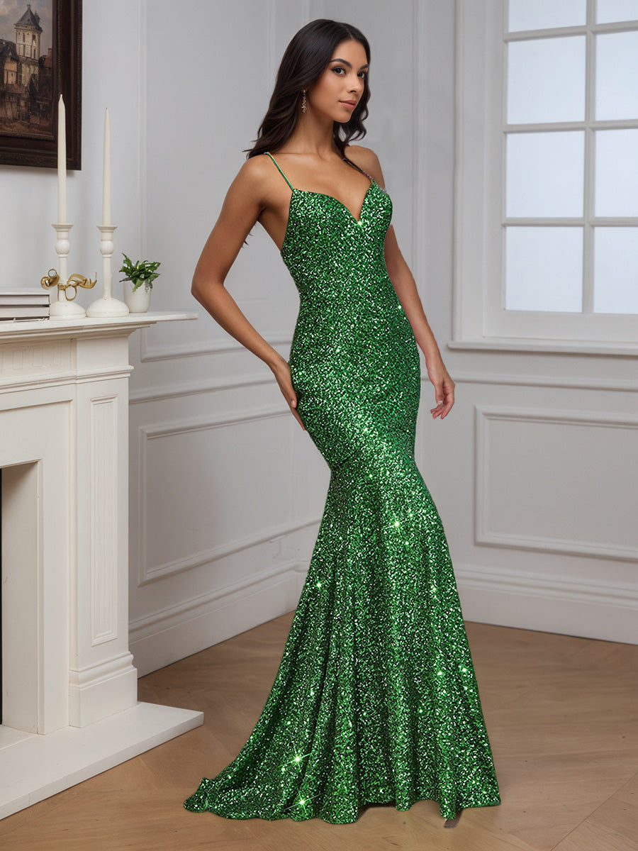 Cicinia Vert Robe de Soirée Sirène à Paillettes à Bretelles Spaghetti Décolleté en V