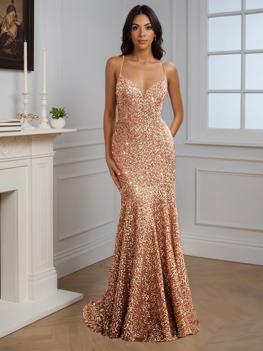 Cicinia Champagne Robe de Soirée Sirène à Paillettes à Bretelles Spaghetti Décolleté en V