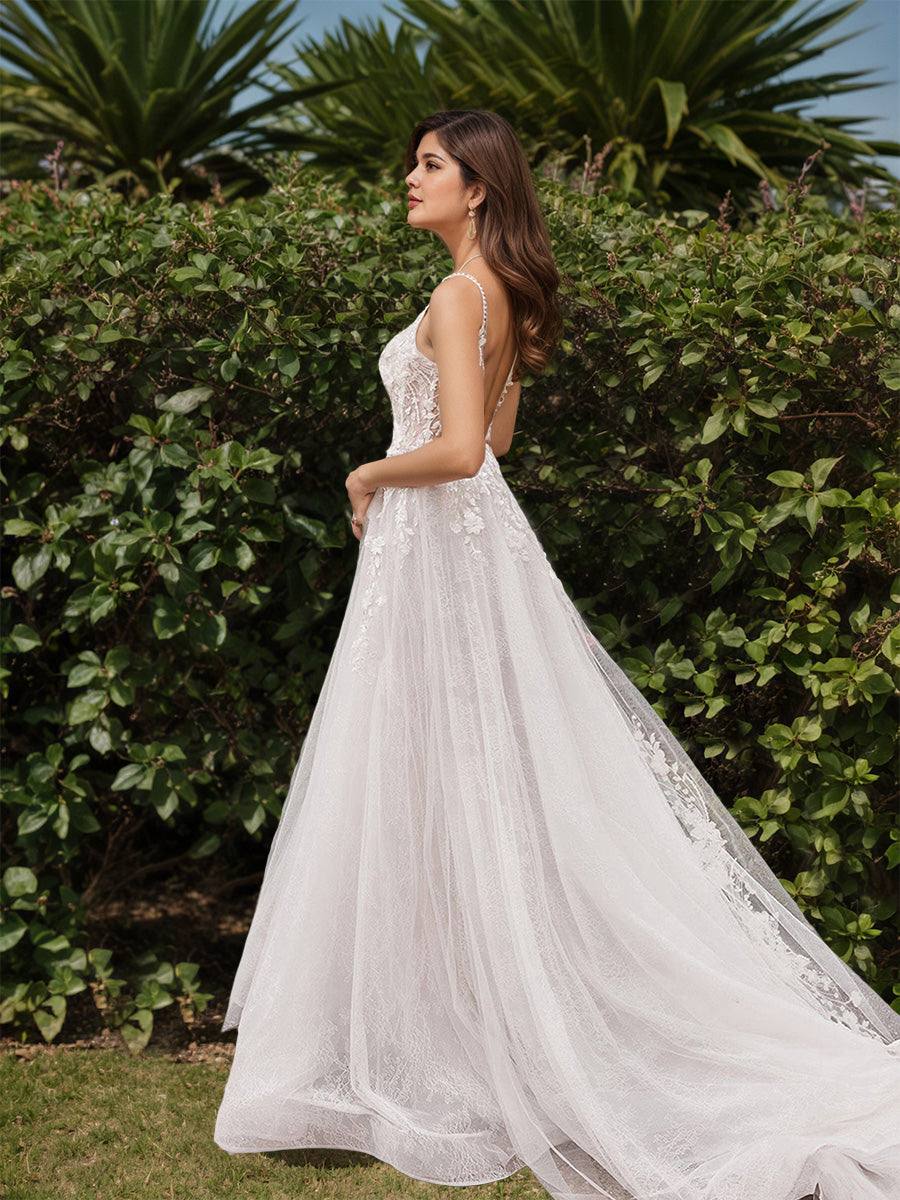 Cicinia Robe de Mariée Longue A-Line en Dentelle et Tulle Bretelles Spaghetti Dos Nud