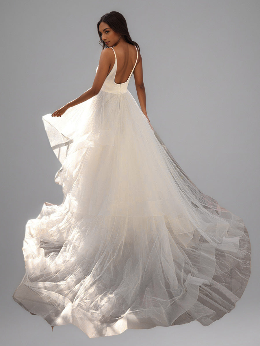Cicinia Robe de Mariée A-Line en Tulle à Volants à Bretelles Spaghetti Décolleté en V avec Traîne Balayée
