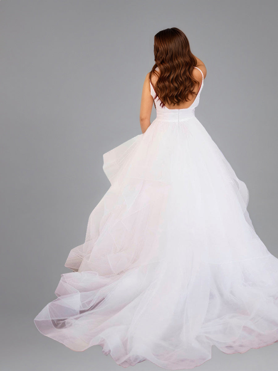Cicinia Robe de Mariée A-Line en Tulle à Volants à Bretelles Spaghetti Décolleté en V avec Traîne Balayée